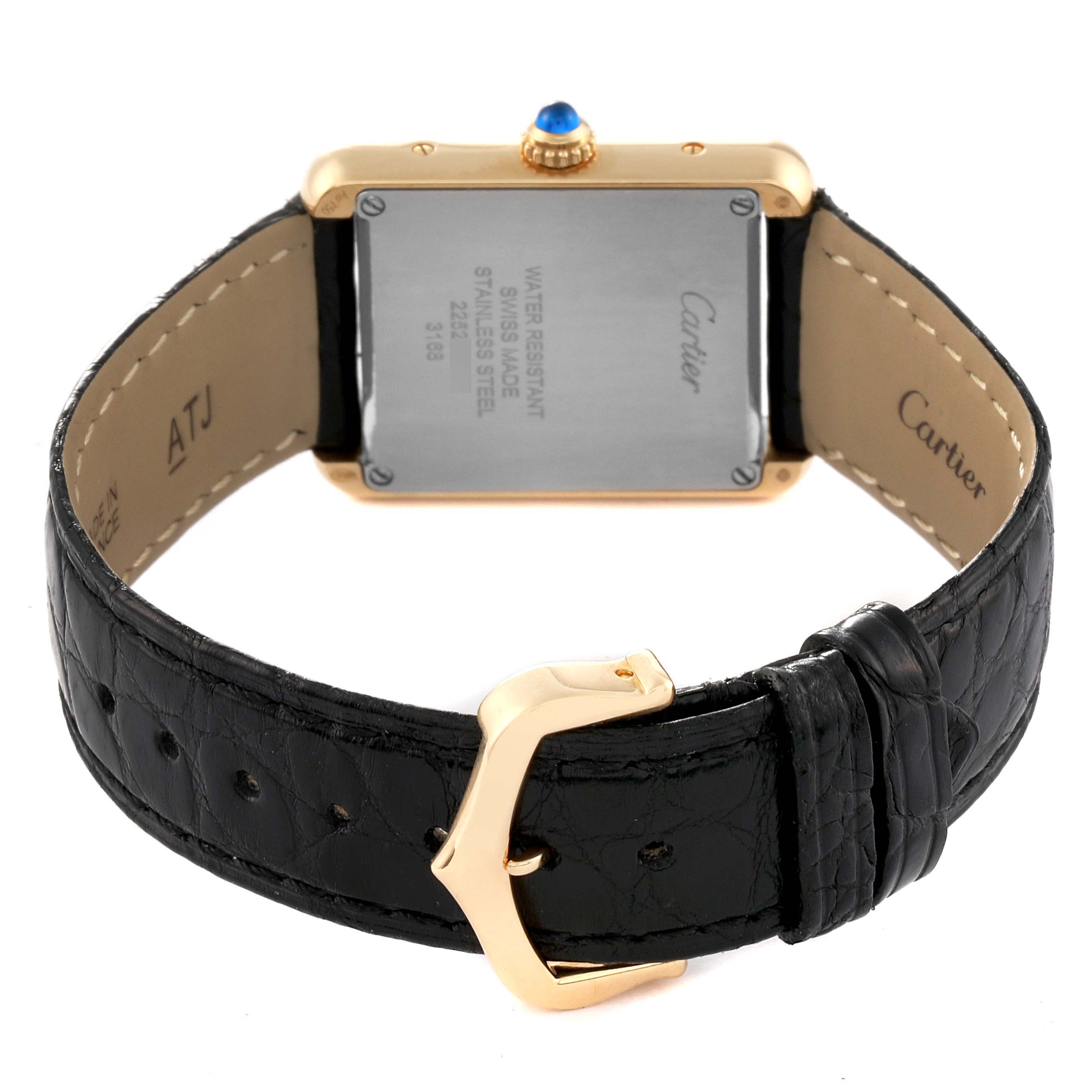 The image shows the back of the Cartier Tank Solo W5200002 Women
s Steel and Gold (two tone) Silver Dial W5200002 Women
s Steel and Gold (two tone) Silver Dial watch, showcasing its clasp, strap, and caseback details.