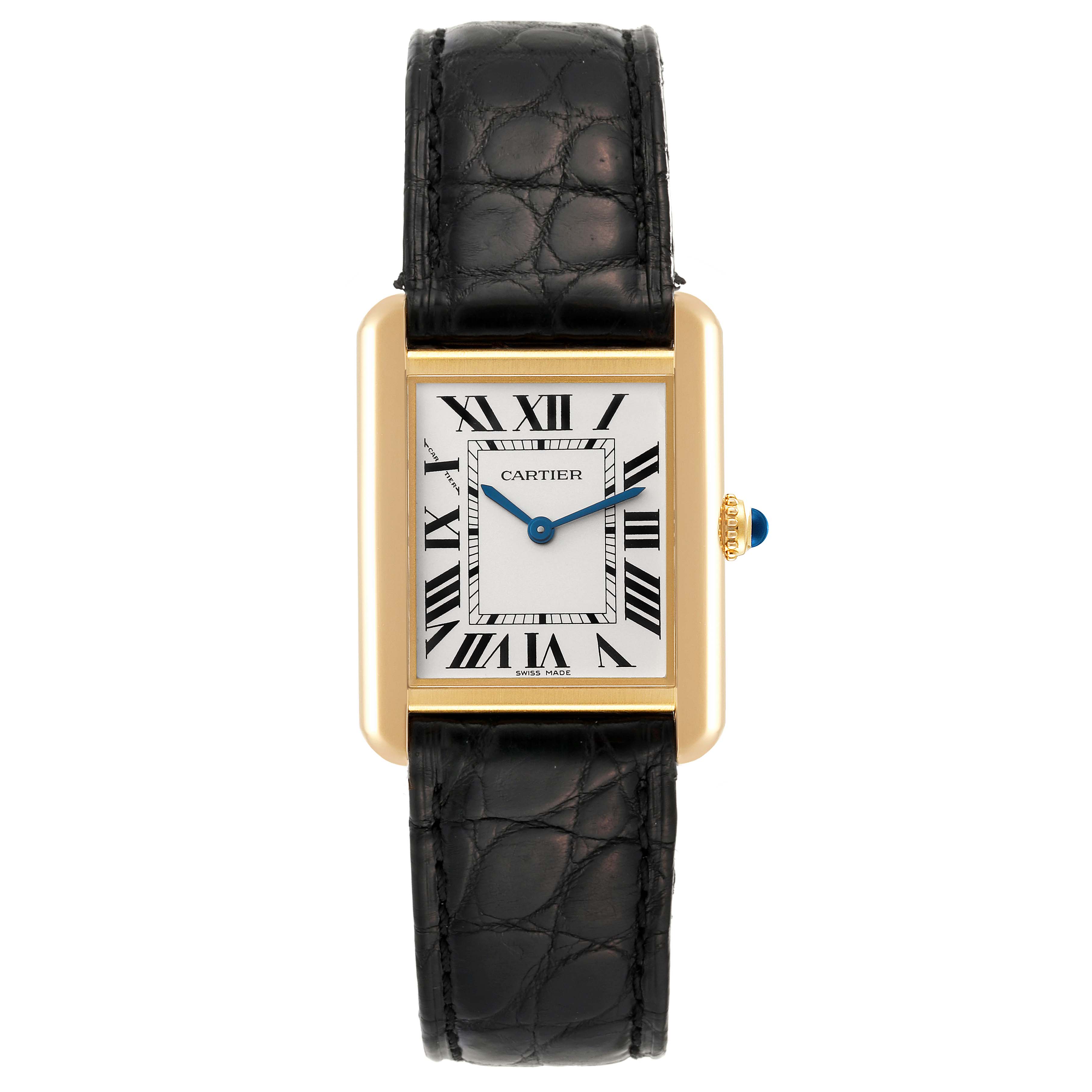 The Cartier Tank Solo W5200002 Women
s Steel and Gold (two tone) Silver Dial W5200002 Women
s Steel and Gold (two tone) Silver Dial watch is shown in a front view, displaying the face, hands, case, crown, and strap.