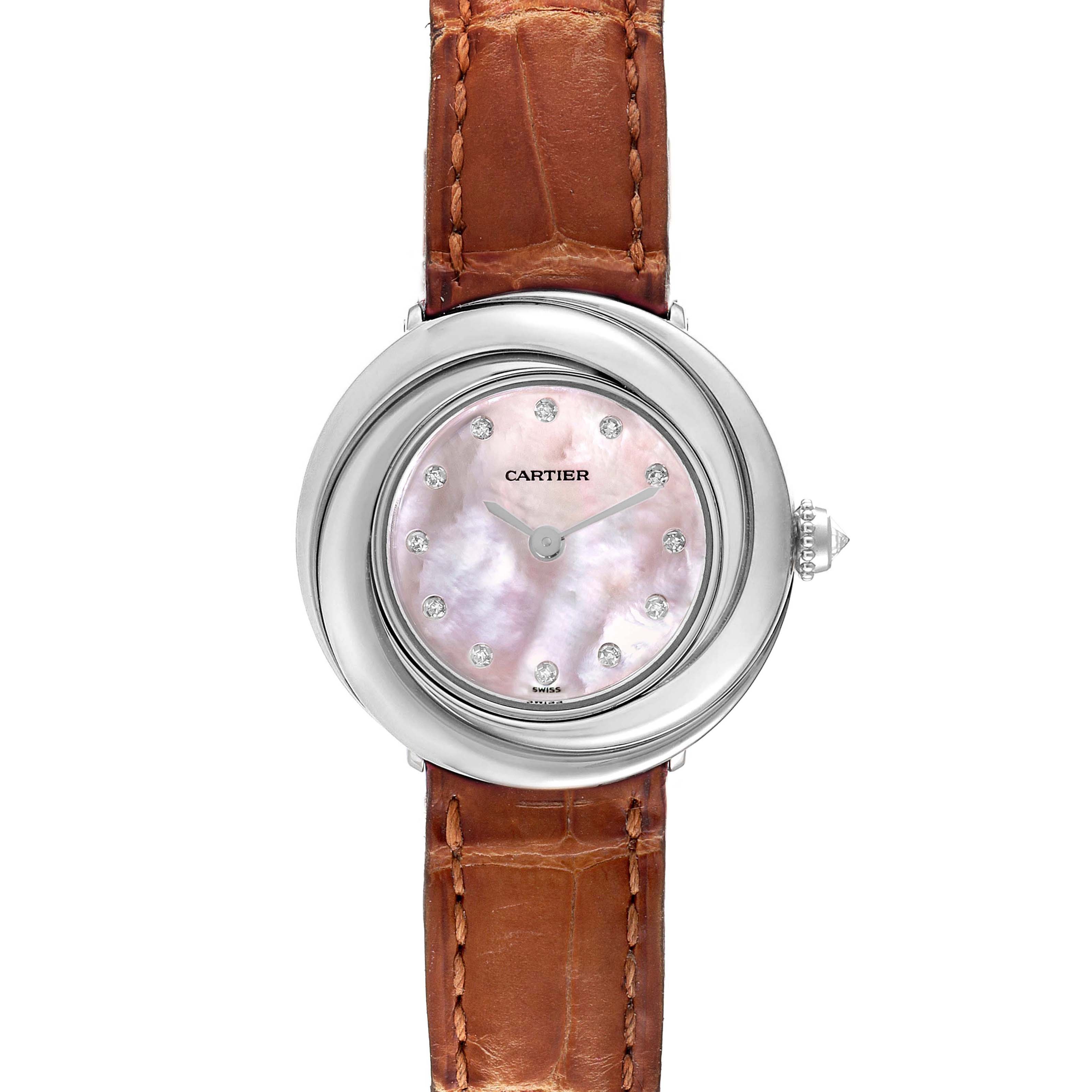 The Cartier Trinity WG200846 Women's White Gold Mother of Pearl Dial WG200846 Women's White Gold Mother of Pearl Dial model watch is pictured from a top-down angle, showing its face, bezel, and leather strap.