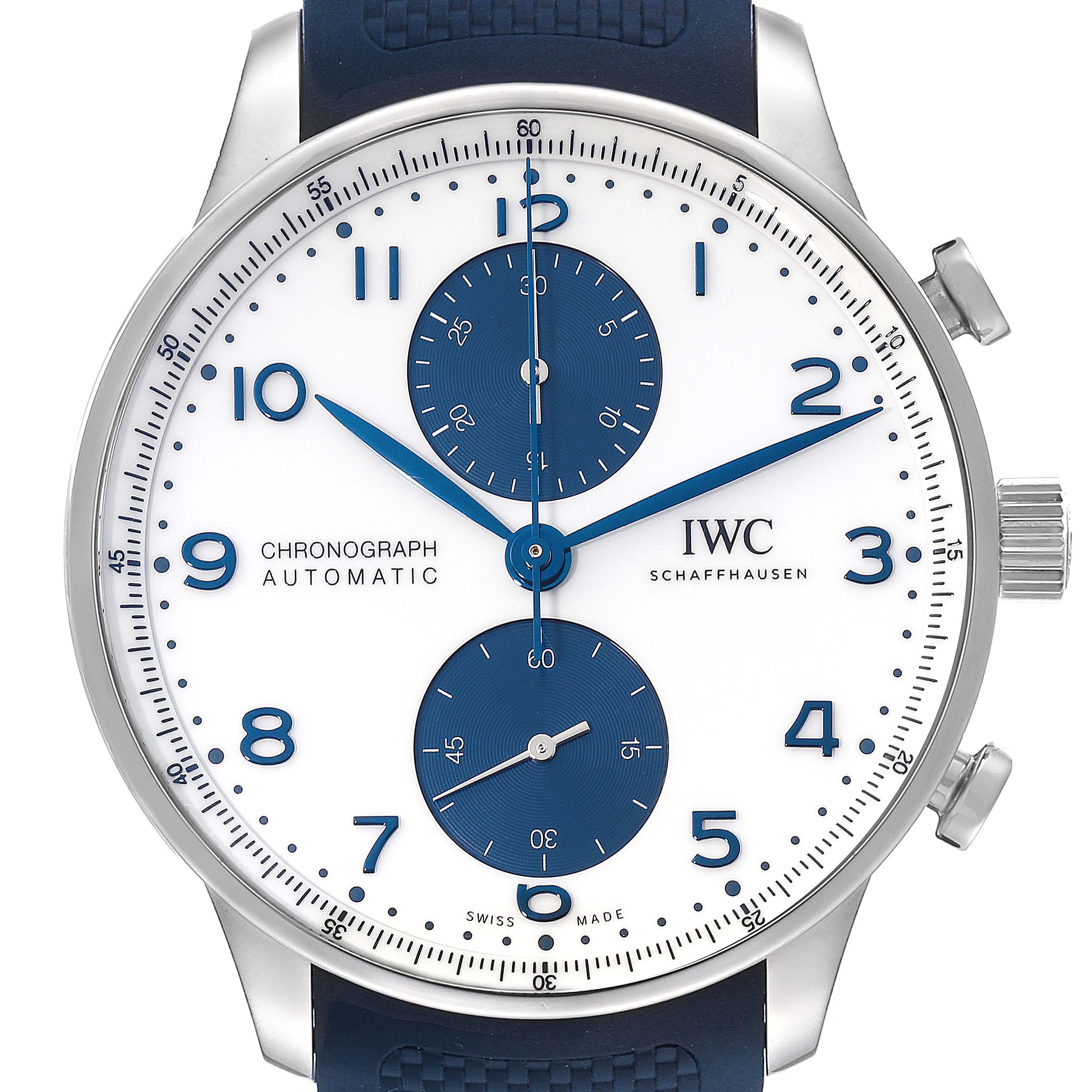 This is a close-up of the dial and case of an IWC Portuguese IW371620 Men's Stainless Steel White Dial IW371620 Men's Stainless Steel White Dial Chronograph Automatic watch.