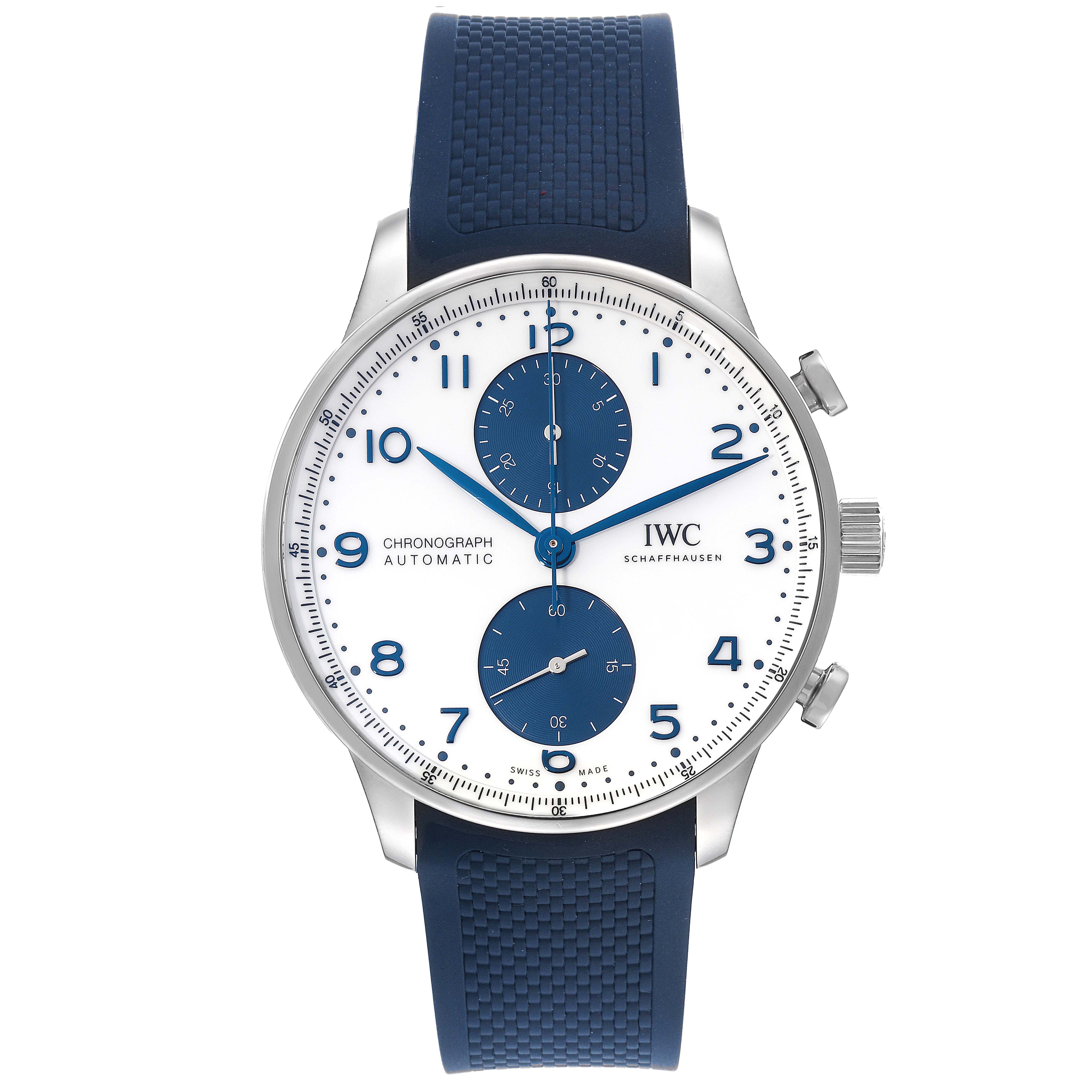 The IWC Portuguese IW371620 Men's Stainless Steel White Dial IW371620 Men's Stainless Steel White Dial model watch is shown from the front, displaying the dial, chronograph subdials, and navy blue strap.