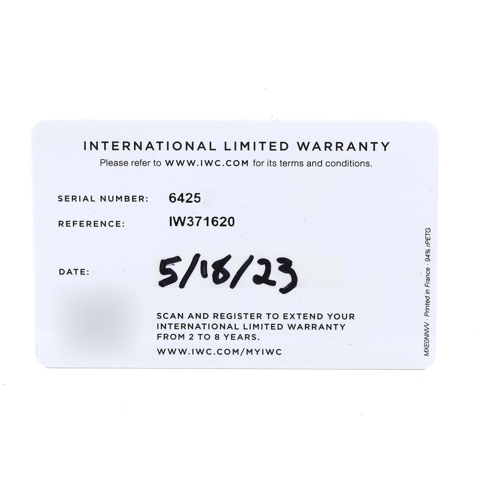 This image shows the warranty card for the IWC Portuguese IW371620 Men's Stainless Steel White Dial IW371620 Men's Stainless Steel White Dial model, including the serial number, reference number, and date.