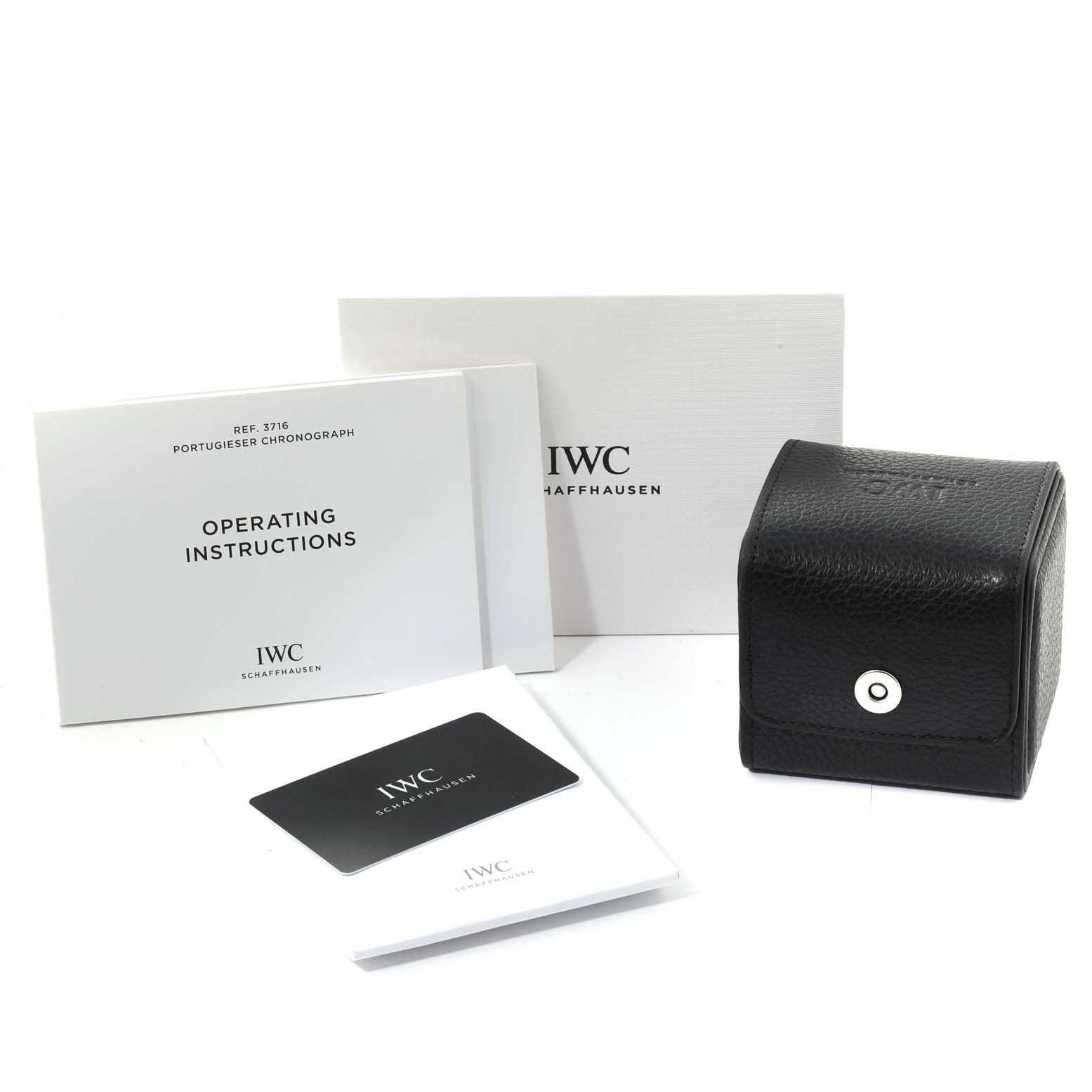 The image shows the packaging, operating instructions, and a black leather case for the IWC Portugieser Chronograph (Model Ref. 3716).
