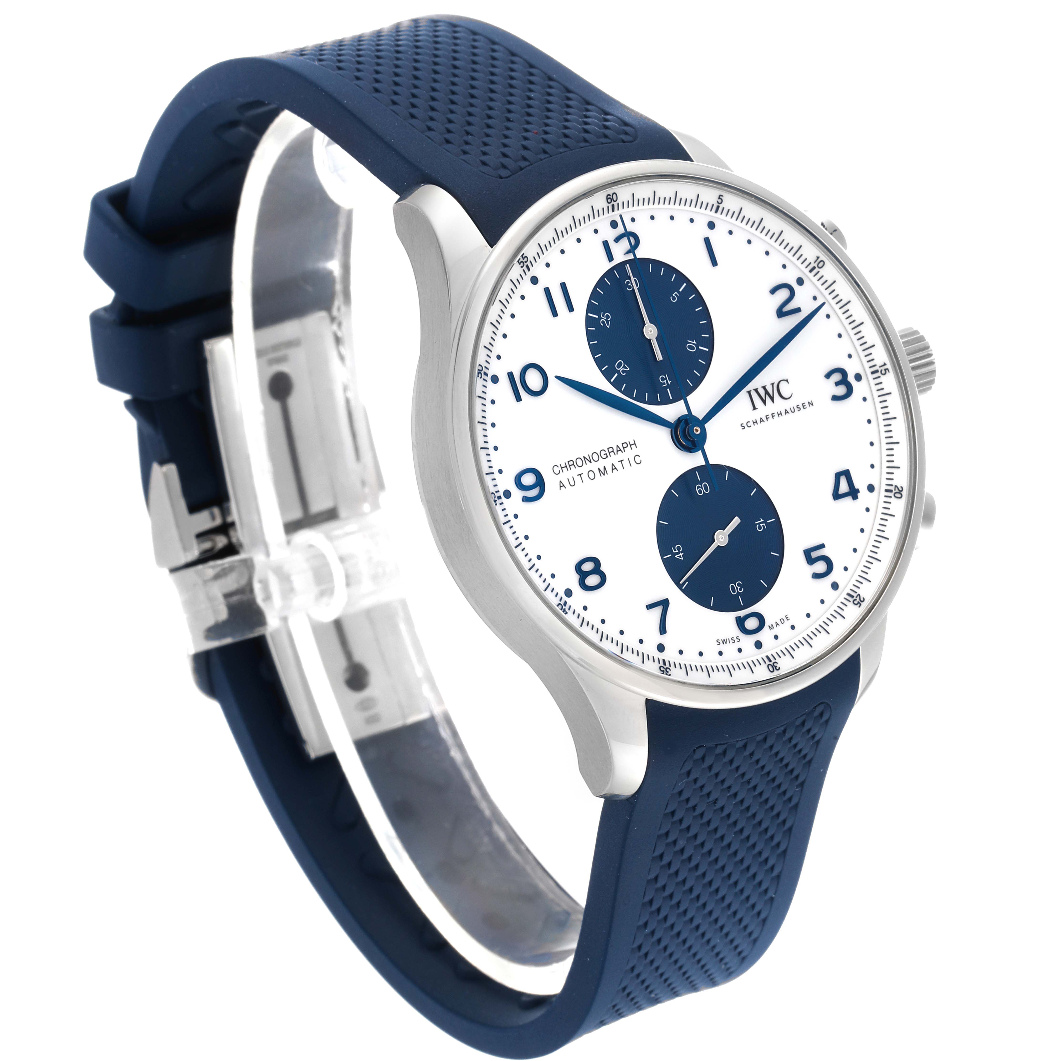 The image shows a side angle view of the IWC Portuguese IW371620 Men's Stainless Steel White Dial IW371620 Men's Stainless Steel White Dial Chronograph watch, highlighting the face, side profile, and blue strap.