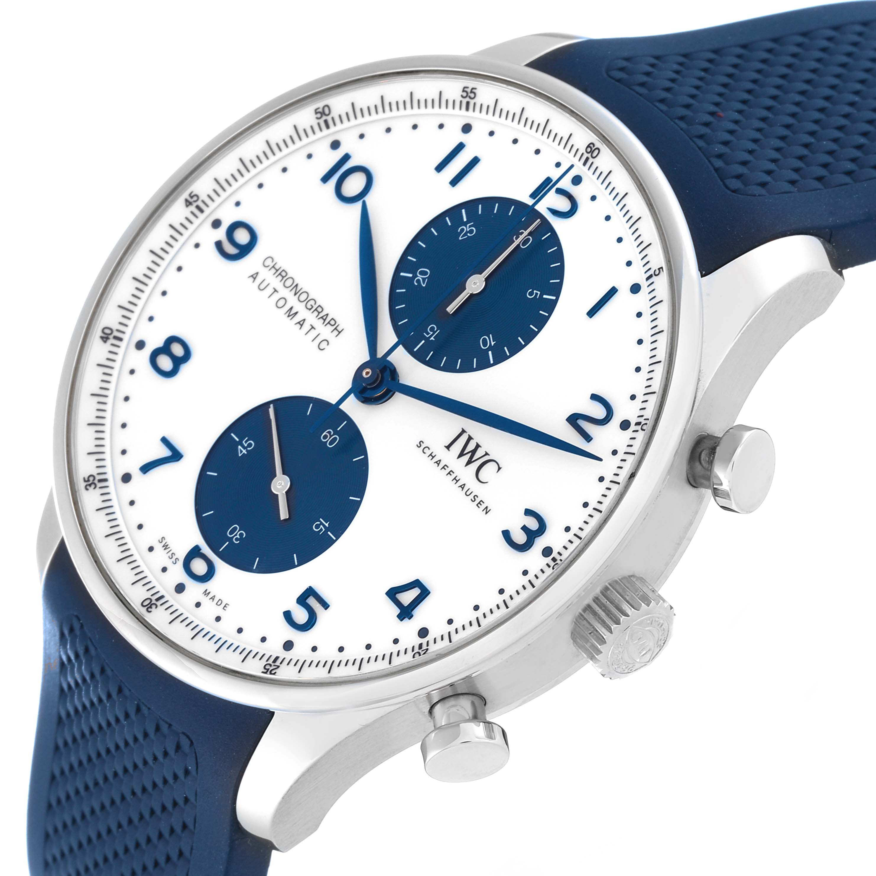 This image shows the IWC Portuguese IW371620 Men's Stainless Steel White Dial IW371620 Men's Stainless Steel White Dial Chronograph watch at an angled side view, highlighting its dial, case, crown, and strap.