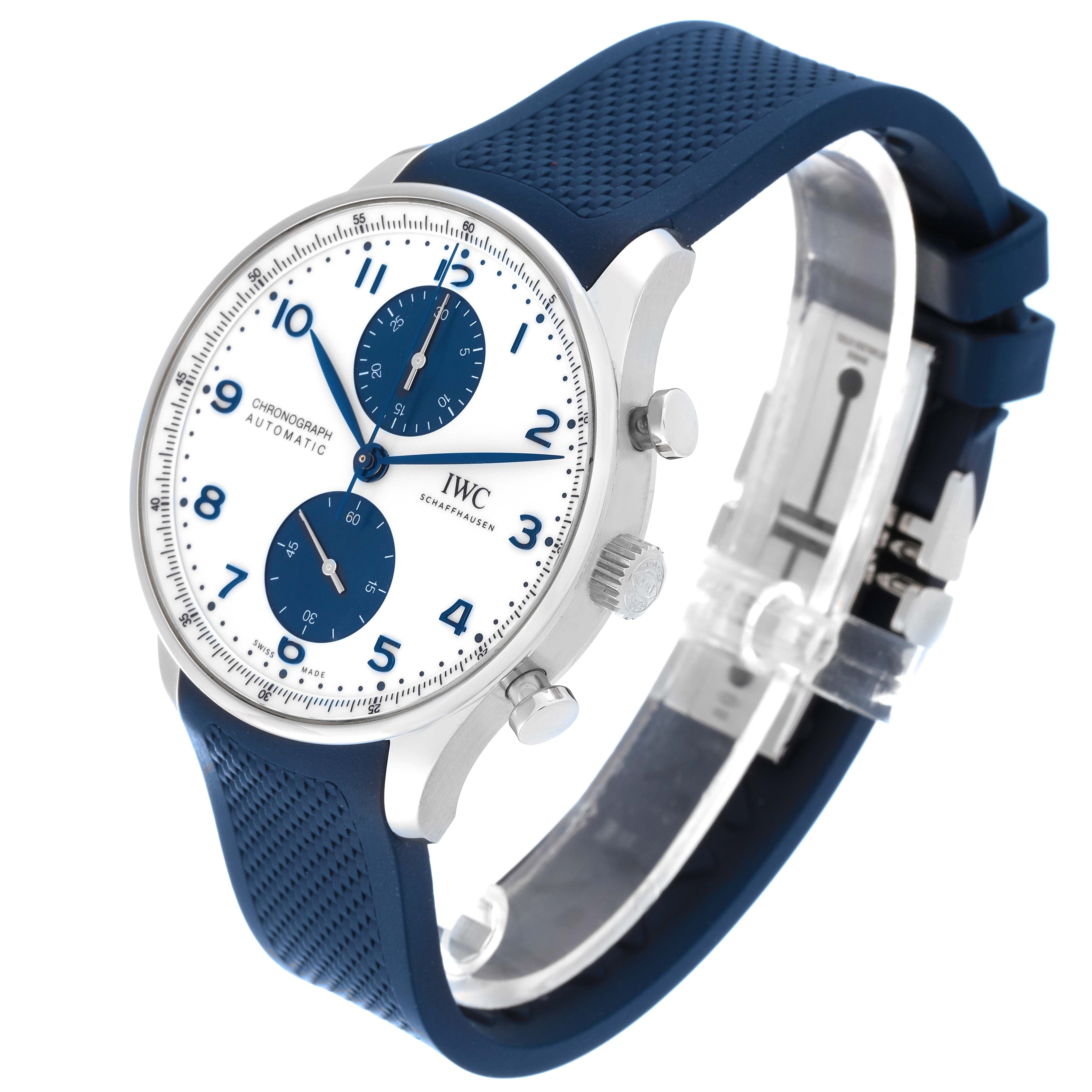 The IWC Portuguese IW371620 Men's Stainless Steel White Dial IW371620 Men's Stainless Steel White Dial model is shown at a three-quarter angle, displaying the face, crown, pushers, and strap.