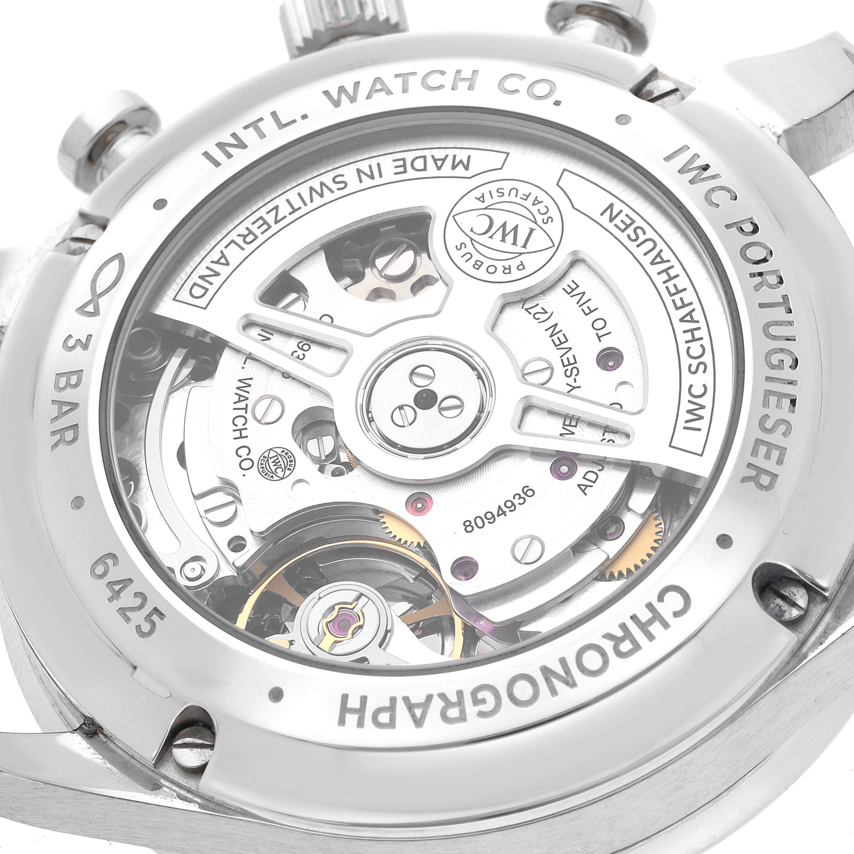 The image shows the back view of the IWC Portuguese IW371620 Men's Stainless Steel White Dial IW371620 Men's Stainless Steel White Dial model, highlighting its intricate movement and internal components.