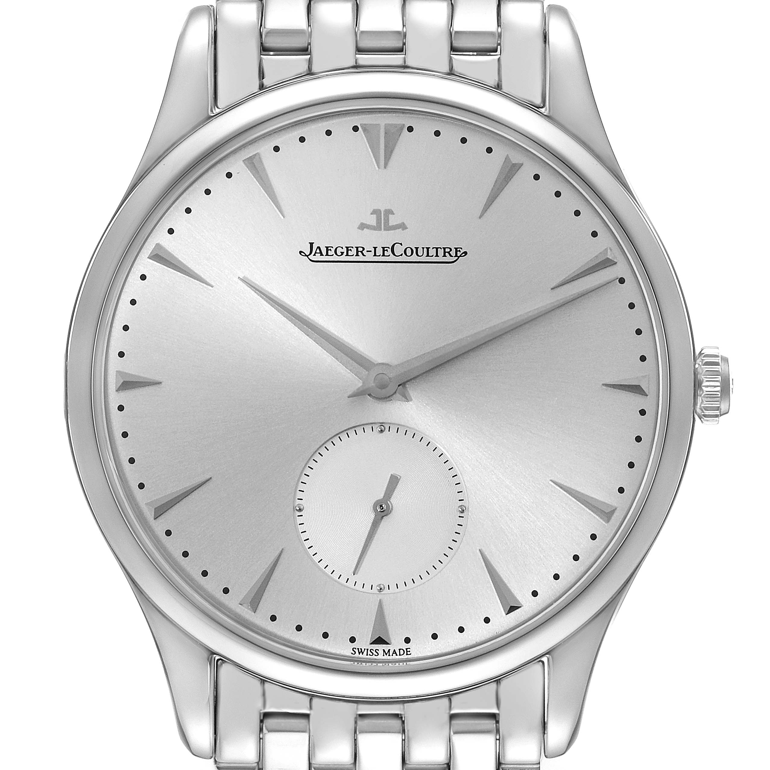 The image shows a front view of a Jaeger LeCoultre Master Q1358420 Men's Stainless Steel Silver Dial Q1358420 Men's Stainless Steel Silver Dial model watch with a silver dial, date subdial, and metal bracelet.