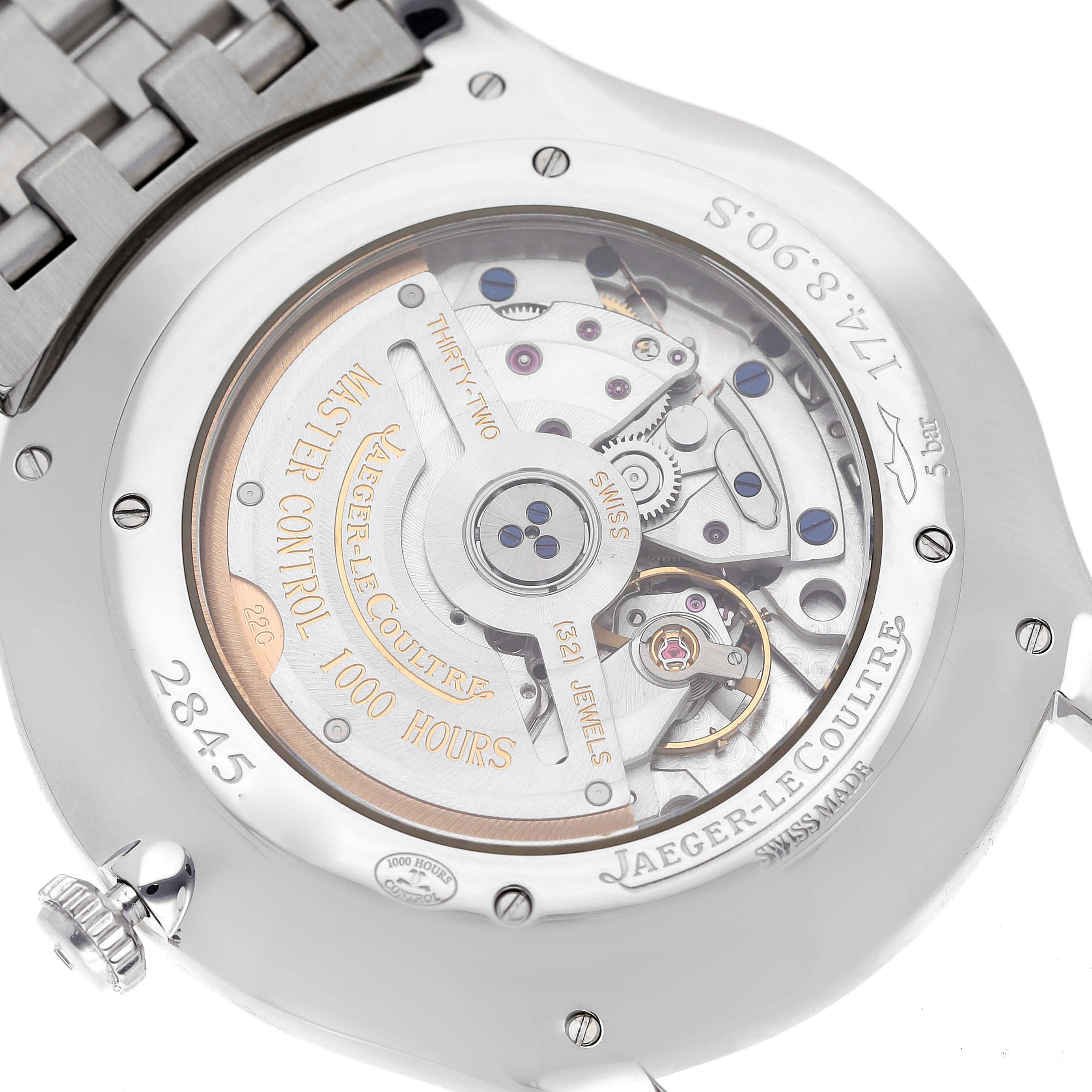 The image shows the case back of the Jaeger LeCoultre Master Q1358420 Men's Stainless Steel Silver Dial Q1358420 Men's Stainless Steel Silver Dial model, revealing the movement and internal mechanics.