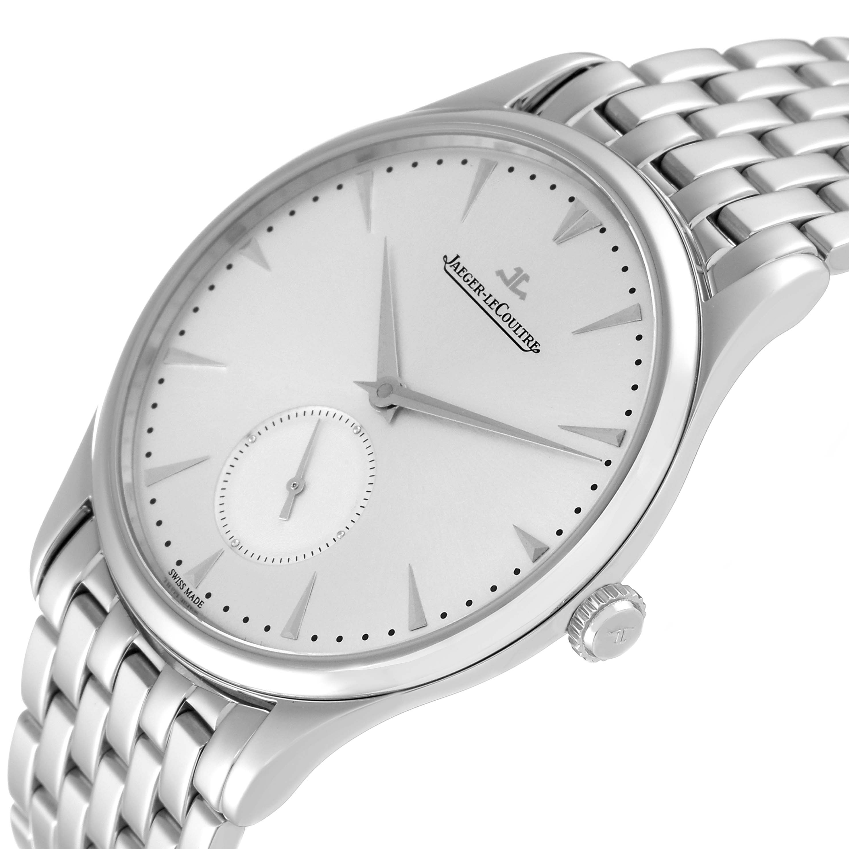 This image shows a Jaeger LeCoultre Master Q1358420 Men's Stainless Steel Silver Dial Q1358420 Men's Stainless Steel Silver Dial model watch at an oblique angle focusing on the dial, bezel, and part of the metal bracelet.