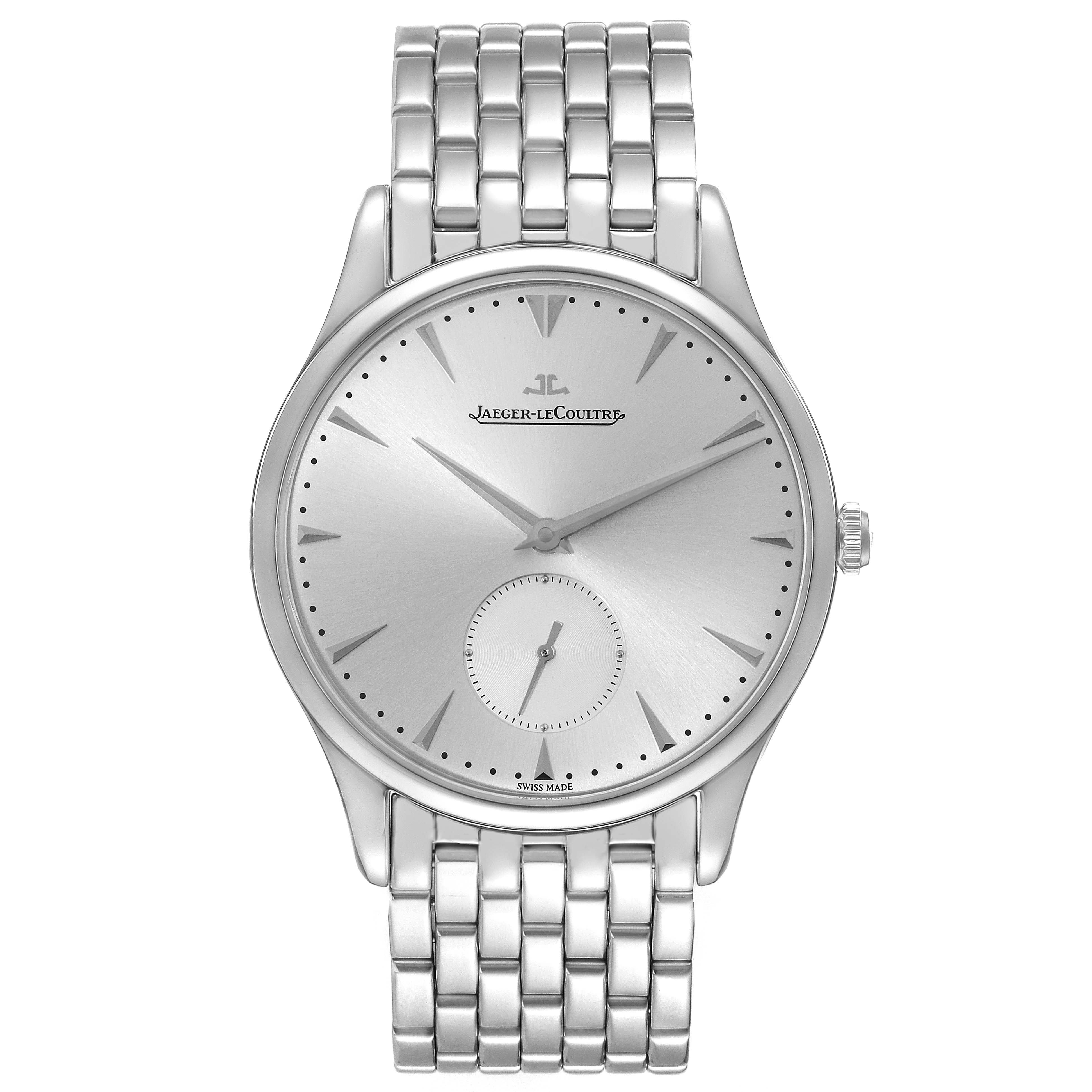 The image shows a front view of the Jaeger LeCoultre Master Q1358420 Men's Stainless Steel Silver Dial Q1358420 Men's Stainless Steel Silver Dial model watch, highlighting the dial, hands, and metal bracelet.