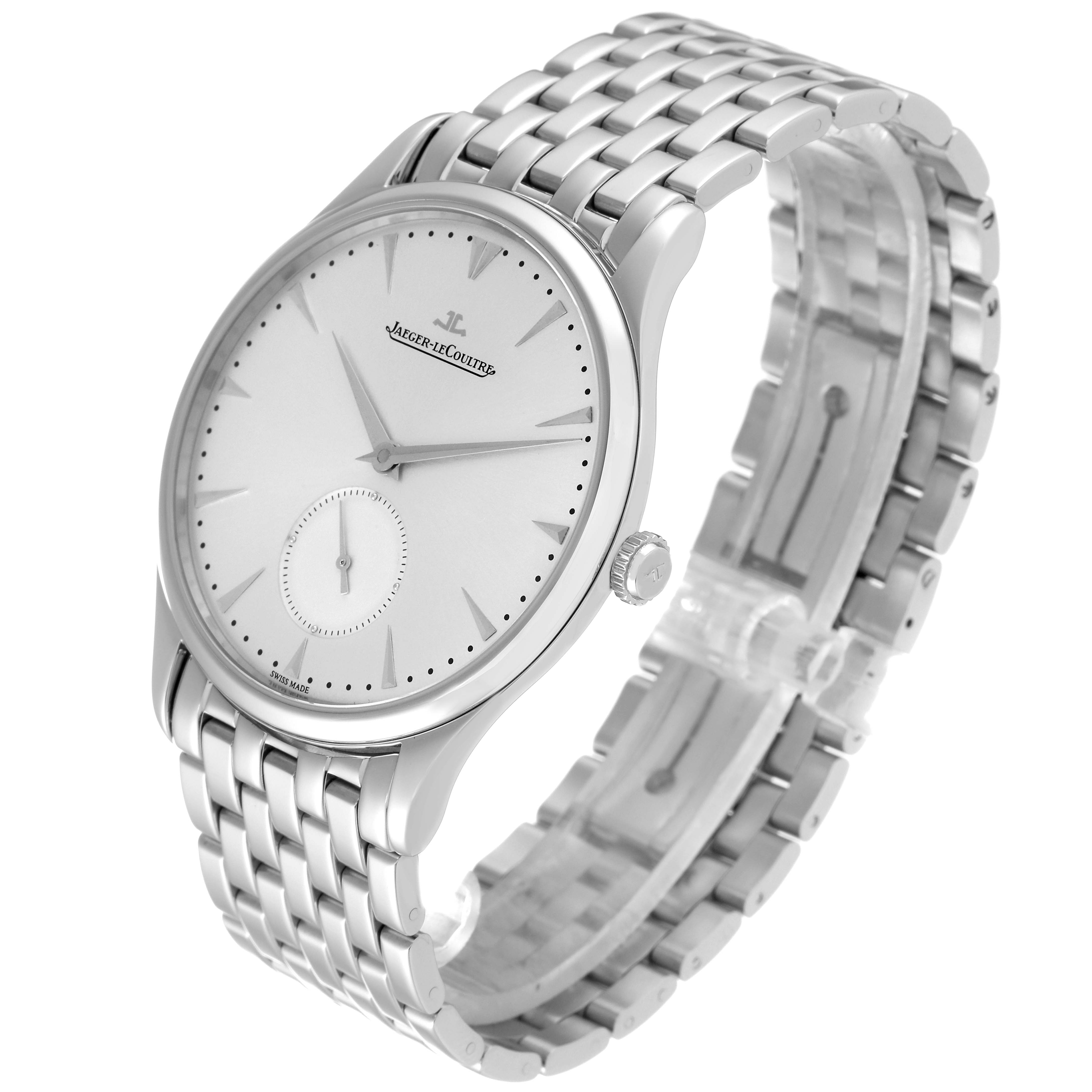 The Jaeger LeCoultre Master Q1358420 Men's Stainless Steel Silver Dial Q1358420 Men's Stainless Steel Silver Dial model watch is shown at a three-quarter angle, highlighting its face, crown, and metal bracelet.
