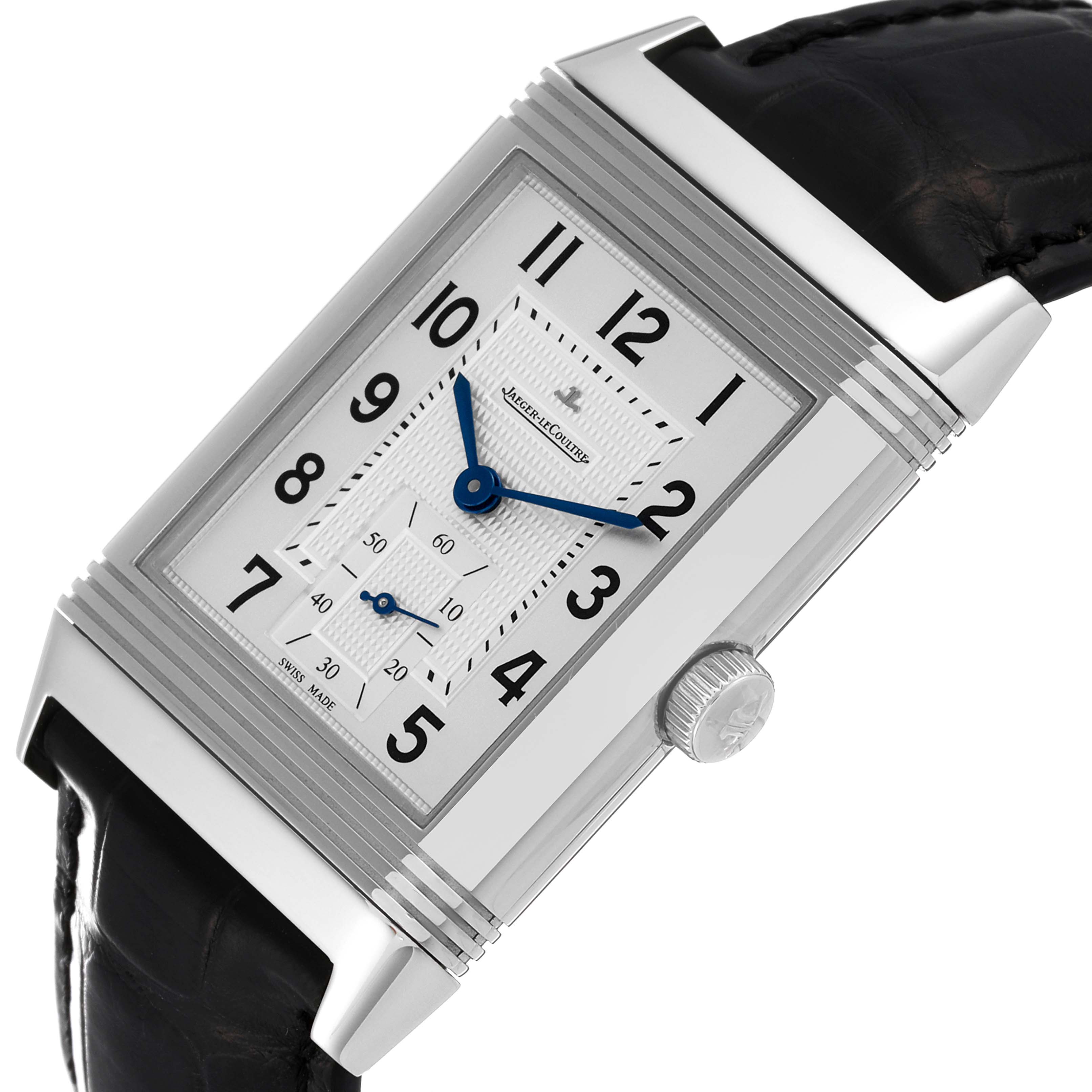 The image shows a close-up angle of the Jaeger LeCoultre Reverso Q3738420 Men's Stainless Steel Silver Dial Q3738420 Men's Stainless Steel Silver Dial watch, highlighting the rectangular dial and crown.