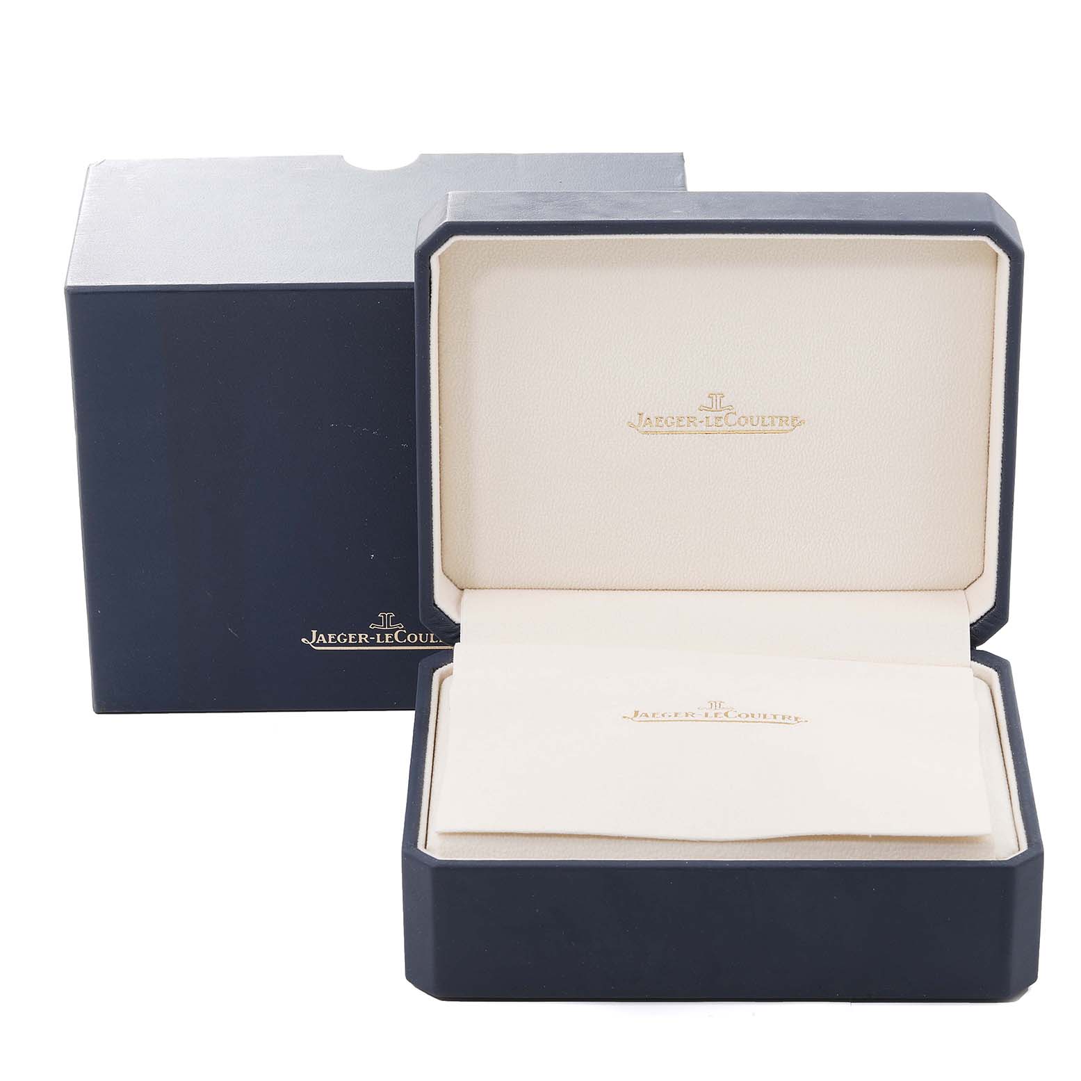 The image shows the opened beige and blue presentation box of a Jaeger LeCoultre Reverso Q3738420 Men's Stainless Steel Silver Dial Q3738420 Men's Stainless Steel Silver Dial watch, with the lid open and outer box behind.