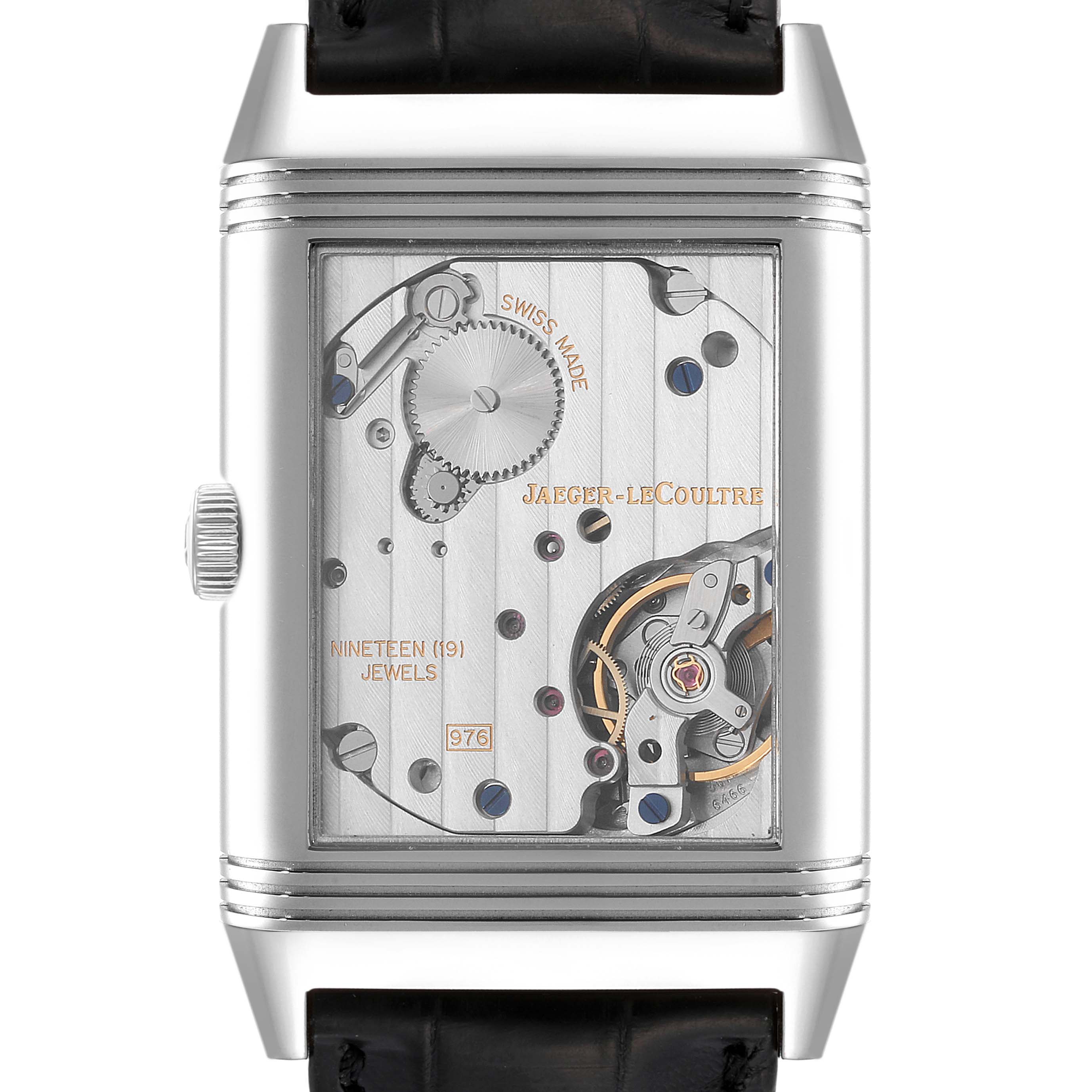 This image shows the back view of the Jaeger LeCoultre Reverso Q3738420 Men's Stainless Steel Silver Dial Q3738420 Men's Stainless Steel Silver Dial model, highlighting the watch's internal mechanical movement.