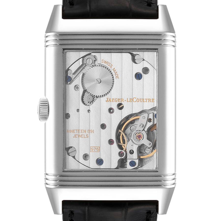 This image shows the back view of the Jaeger LeCoultre Reverso model, highlighting the watch's internal mechanical movement.