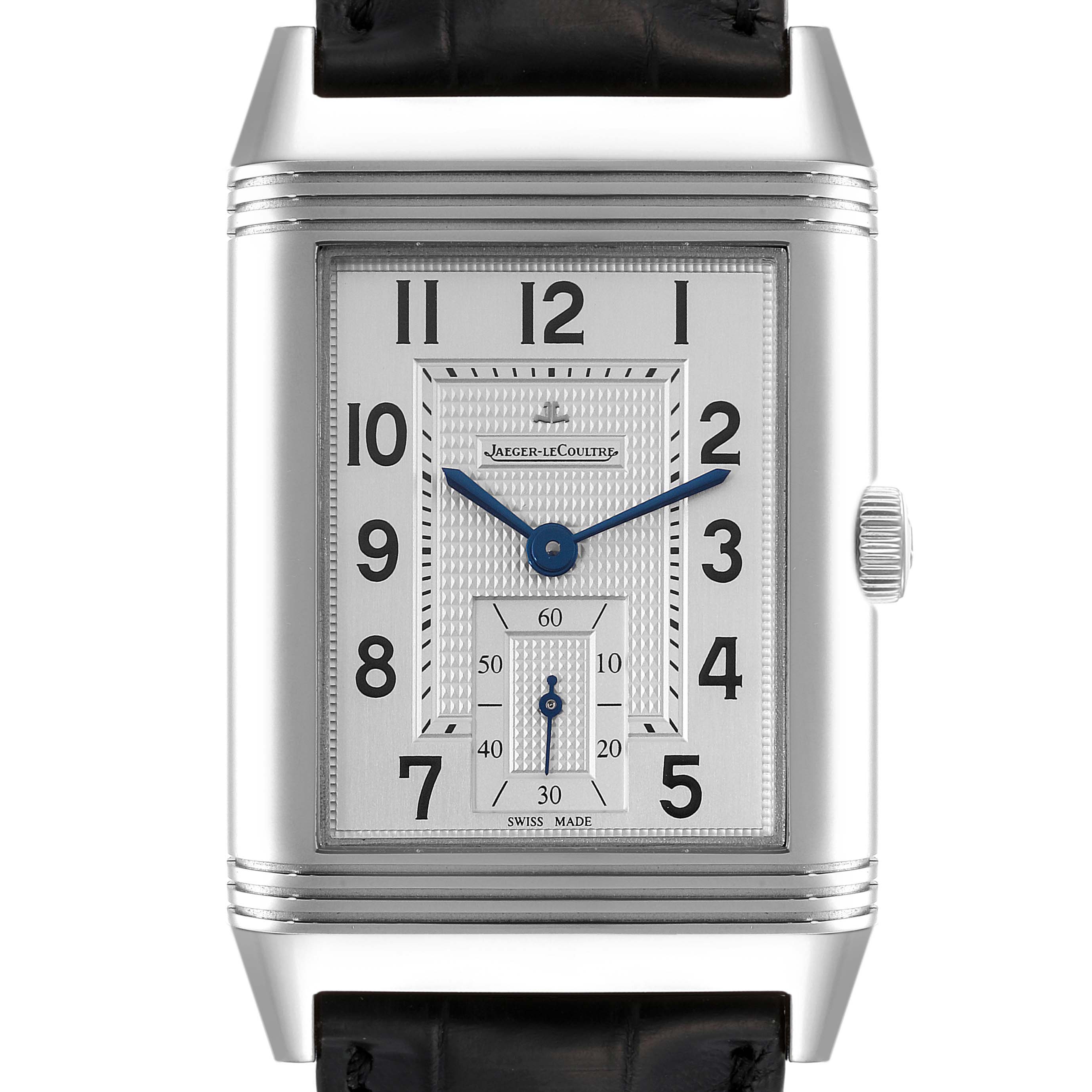 The image shows a front view of the Jaeger-LeCoultre Reverso watch, displaying its dial, case, crown, and part of the strap.