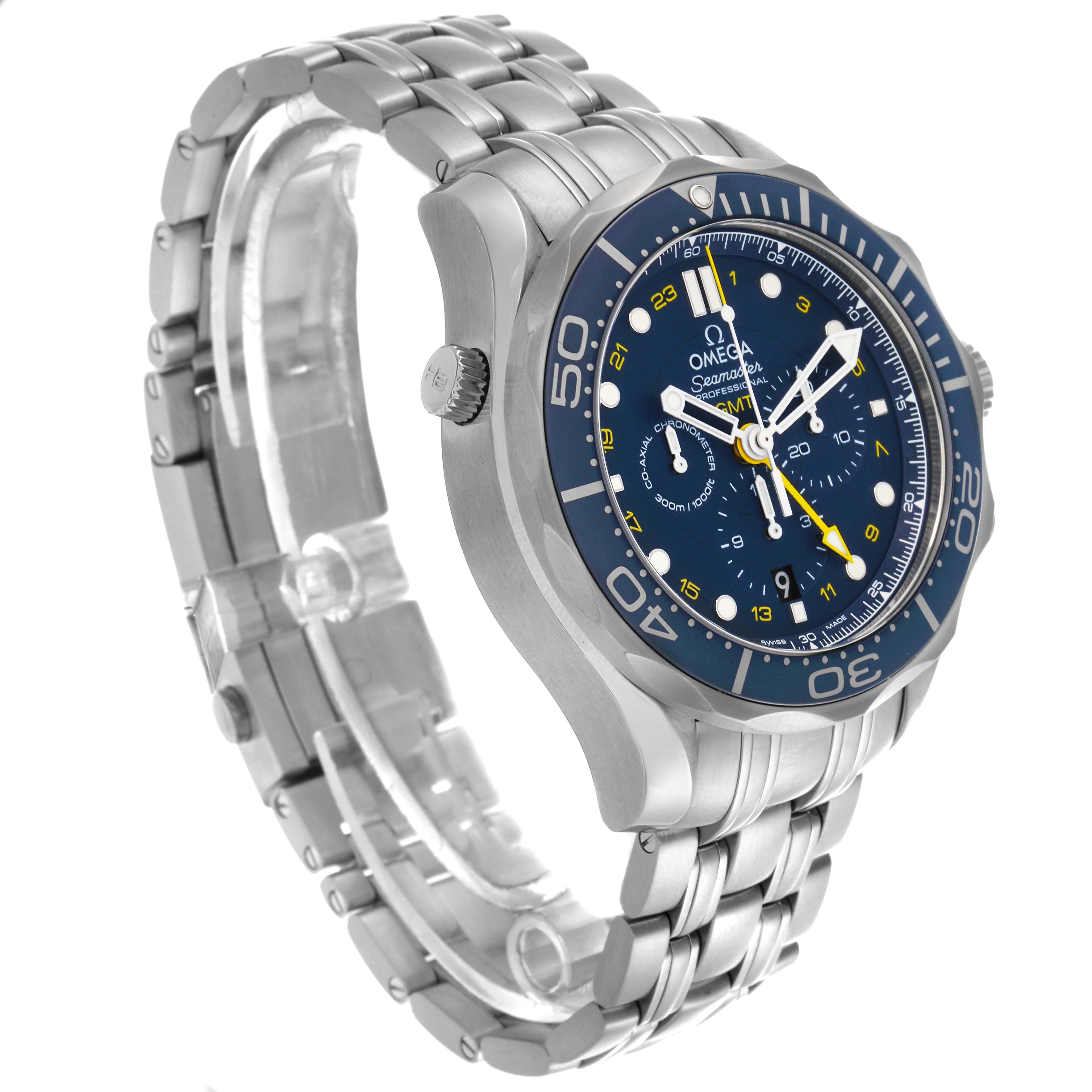 The Omega Seamaster 212.30.44.52.03.001 Men
s Stainless Steel Blue Dial 212.30.44.52.03.001 Men
s Stainless Steel Blue Dial is shown at a three-quarter angle, highlighting the dial, bezel, crown, and metal bracelet.