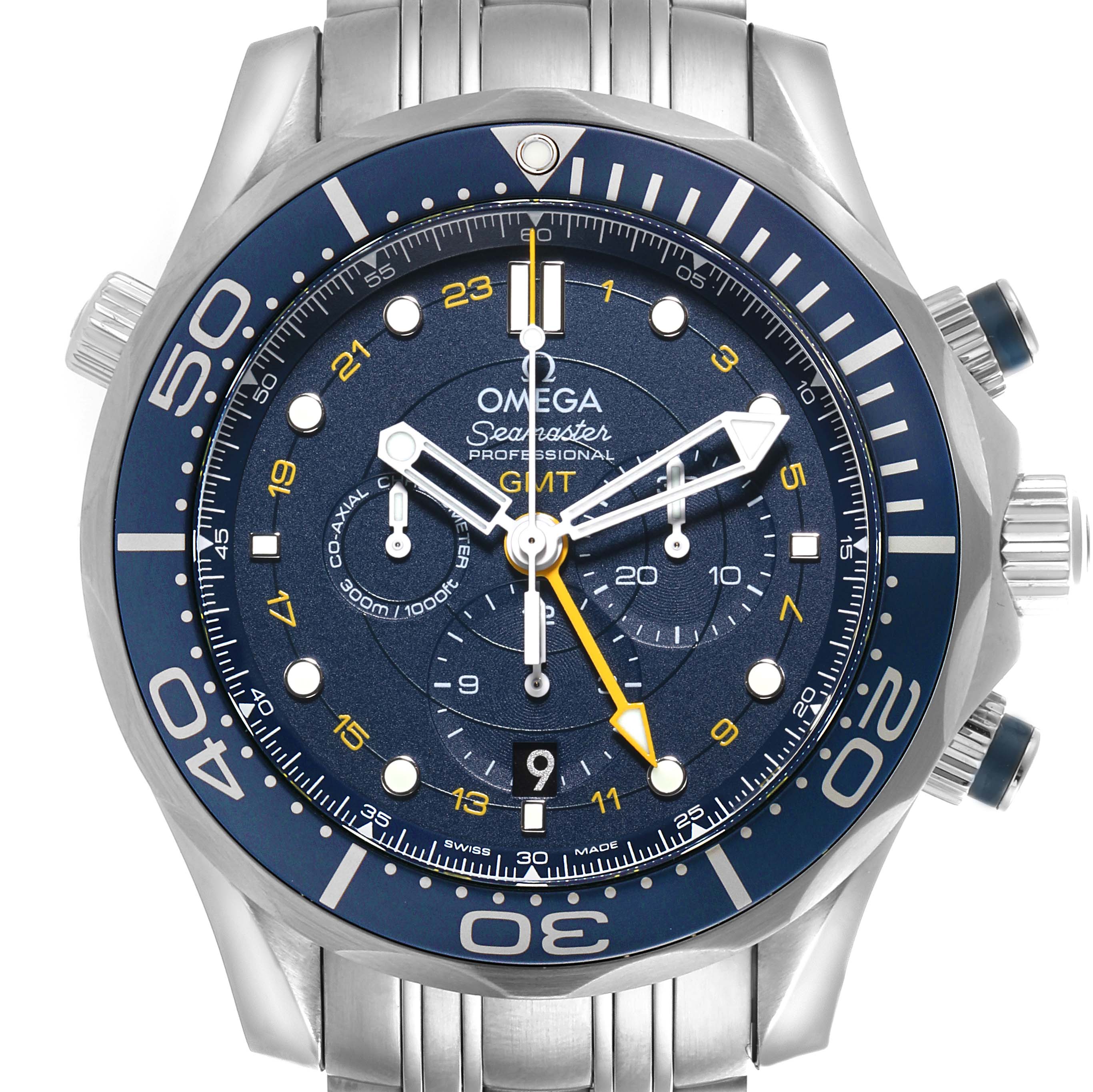 The Omega Seamaster 212.30.44.52.03.001 Men
s Stainless Steel Blue Dial 212.30.44.52.03.001 Men
s Stainless Steel Blue Dial watch is shown from a front angle, highlighting the dial, bezel, and subdials.