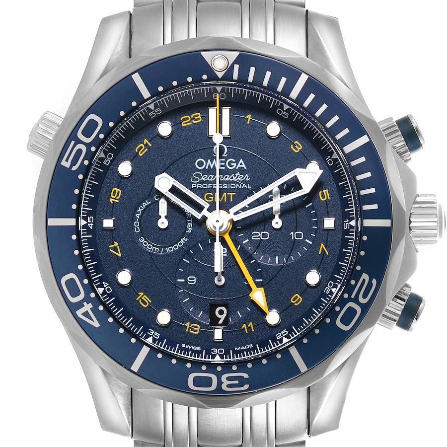 The Omega Seamaster watch is shown from a front angle, highlighting the dial, bezel, and subdials.