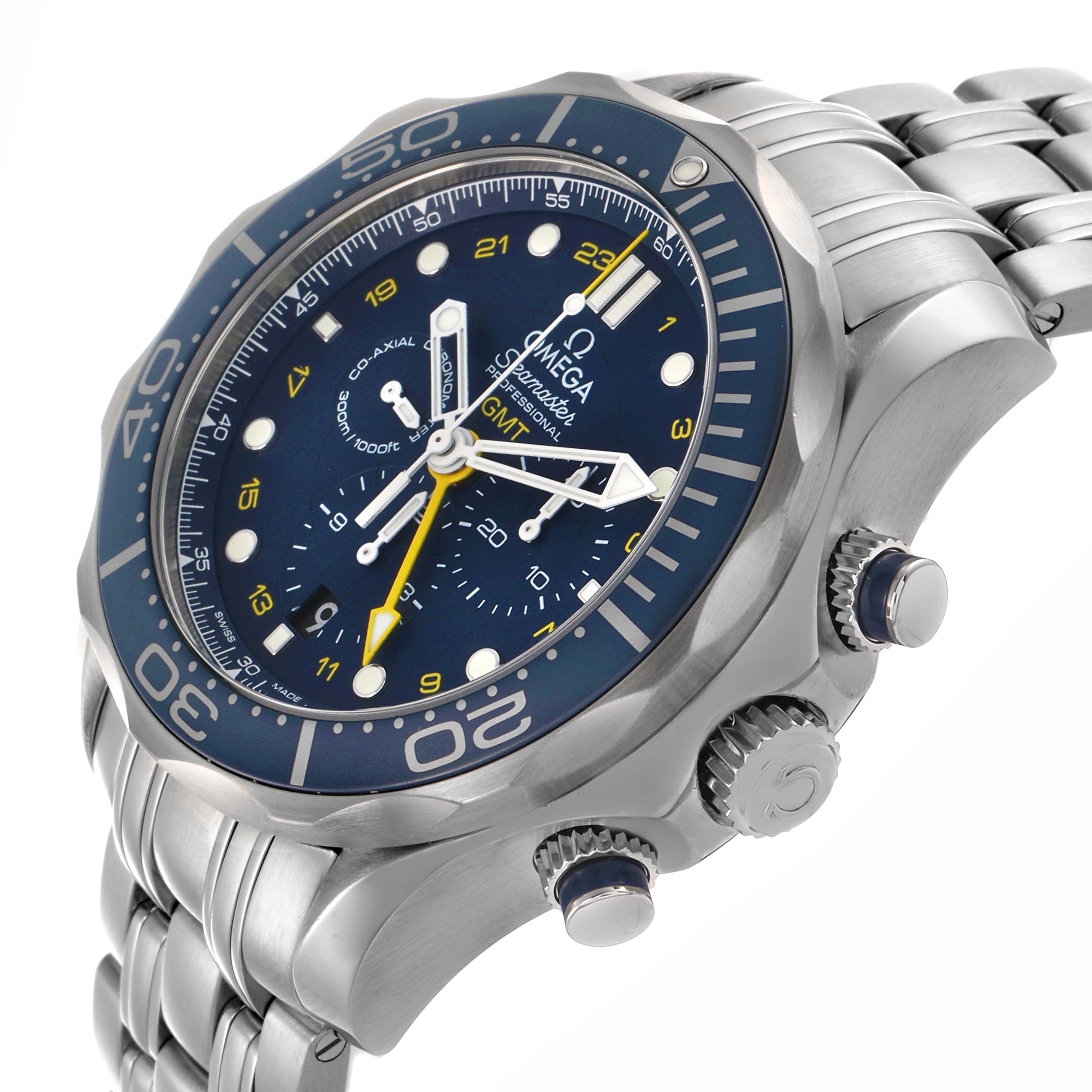 The Omega Seamaster 212.30.44.52.03.001 Men
s Stainless Steel Blue Dial 212.30.44.52.03.001 Men
s Stainless Steel Blue Dial watch is shown at an angled view, highlighting the dial, bezel, case, and bracelet.