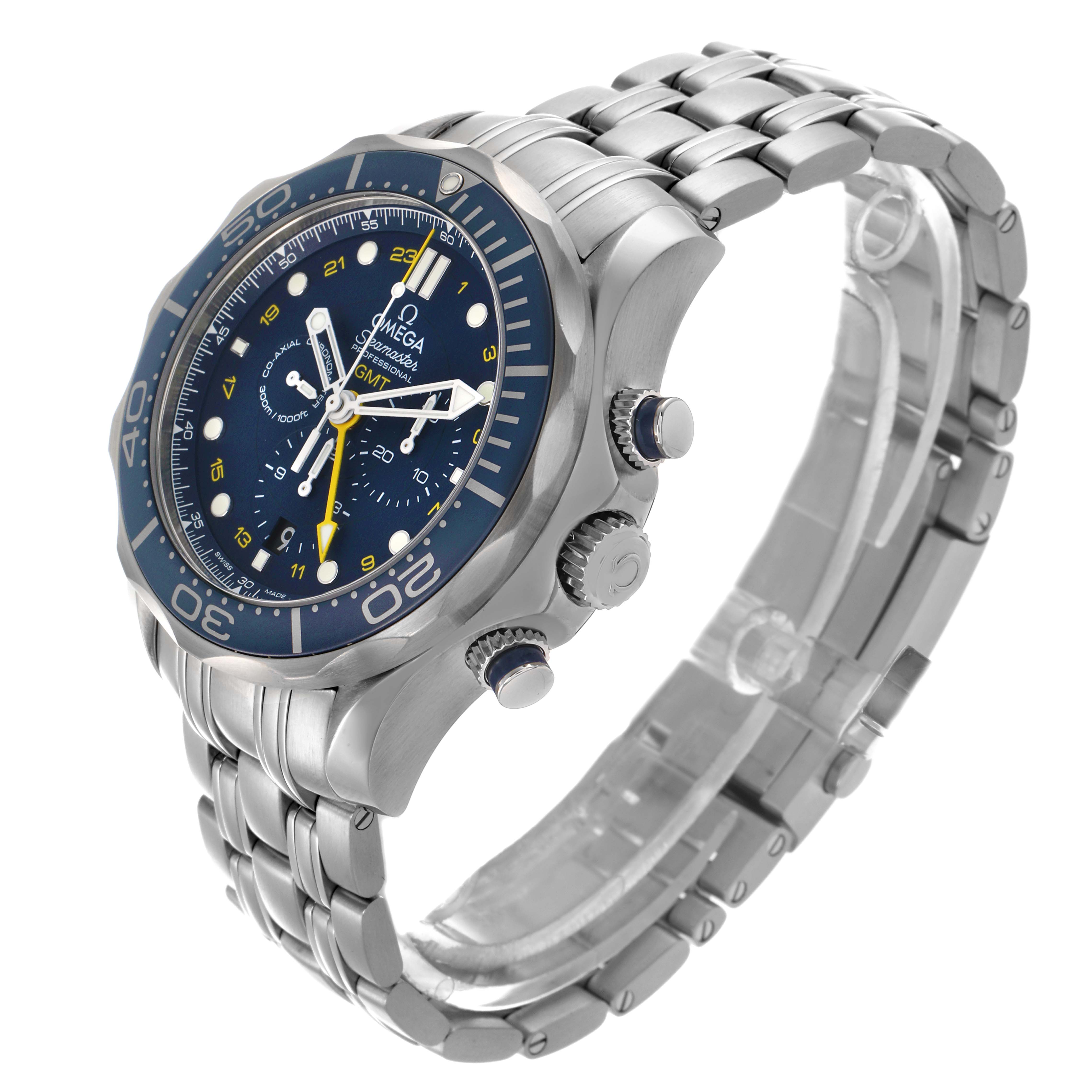 The Omega Seamaster 212.30.44.52.03.001 Men
s Stainless Steel Blue Dial 212.30.44.52.03.001 Men
s Stainless Steel Blue Dial watch is shown at an angled side view, highlighting the case, bezel, dial, and stainless steel bracelet.