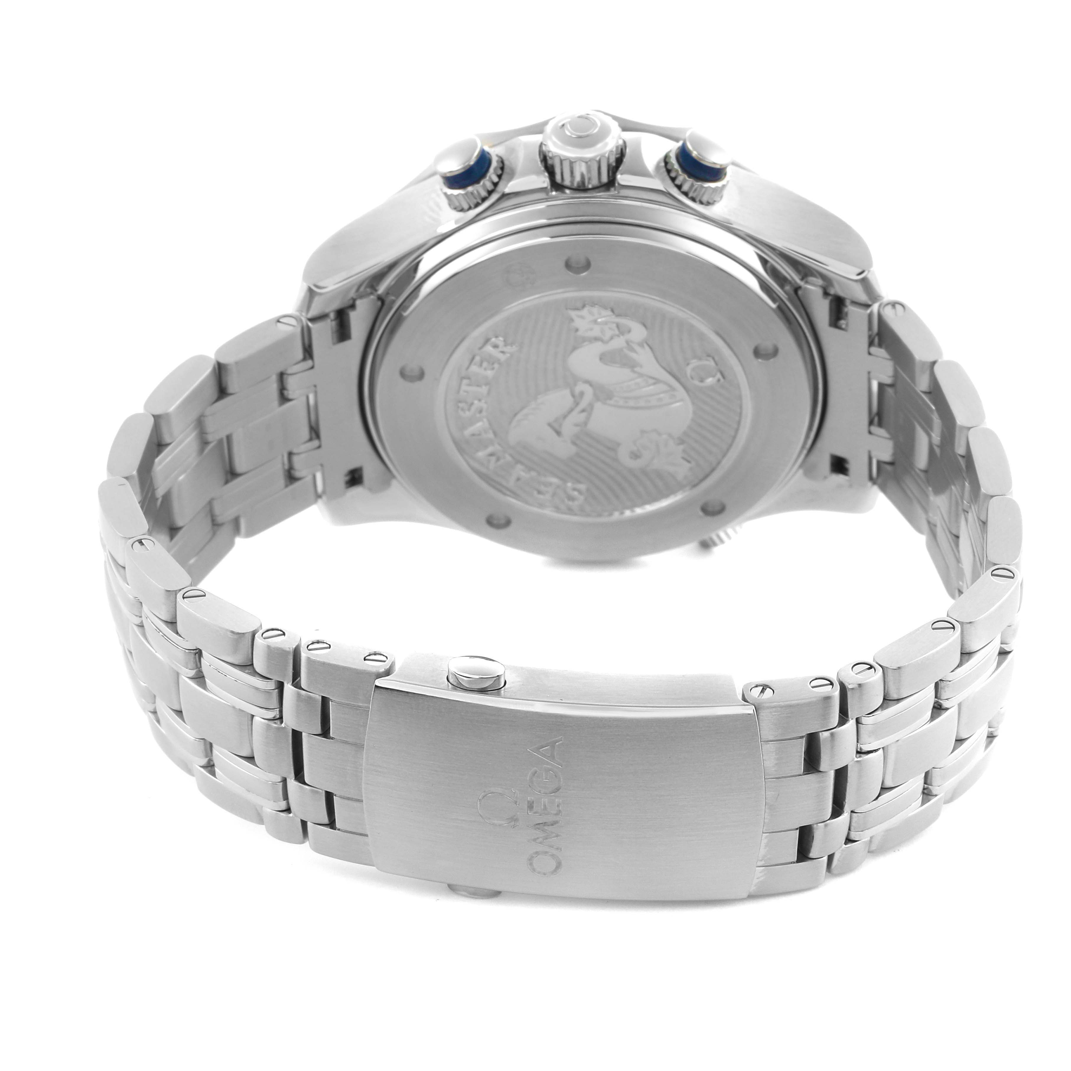 The image shows the back and clasp of the Omega Seamaster 212.30.44.52.03.001 Men
s Stainless Steel Blue Dial 212.30.44.52.03.001 Men
s Stainless Steel Blue Dial, highlighting the engraved case back, bracelet, and clasp logo.