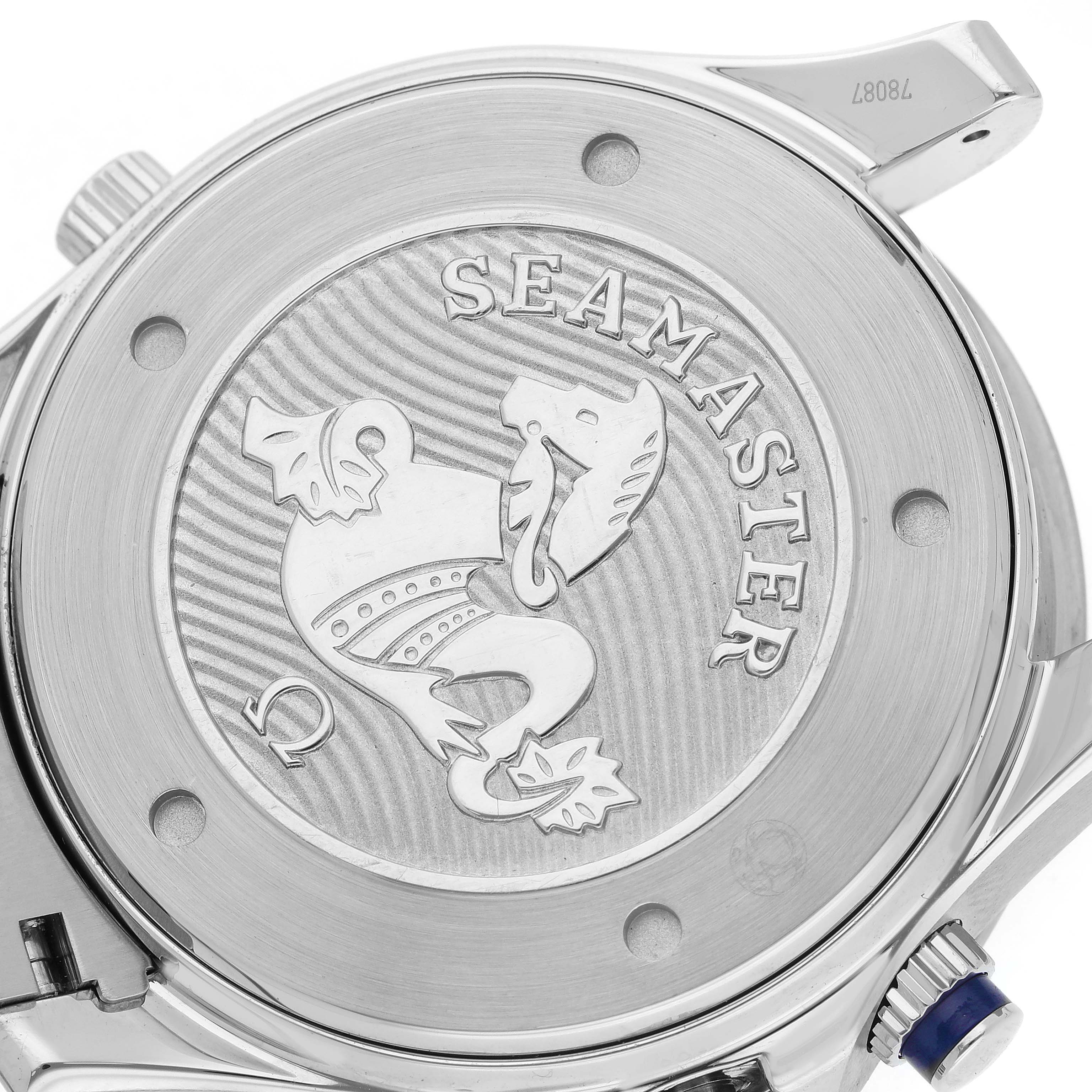 The image shows the case back of an Omega Seamaster 212.30.44.52.03.001 Men
s Stainless Steel Blue Dial 212.30.44.52.03.001 Men
s Stainless Steel Blue Dial watch, featuring the logo and decorative engraving.
