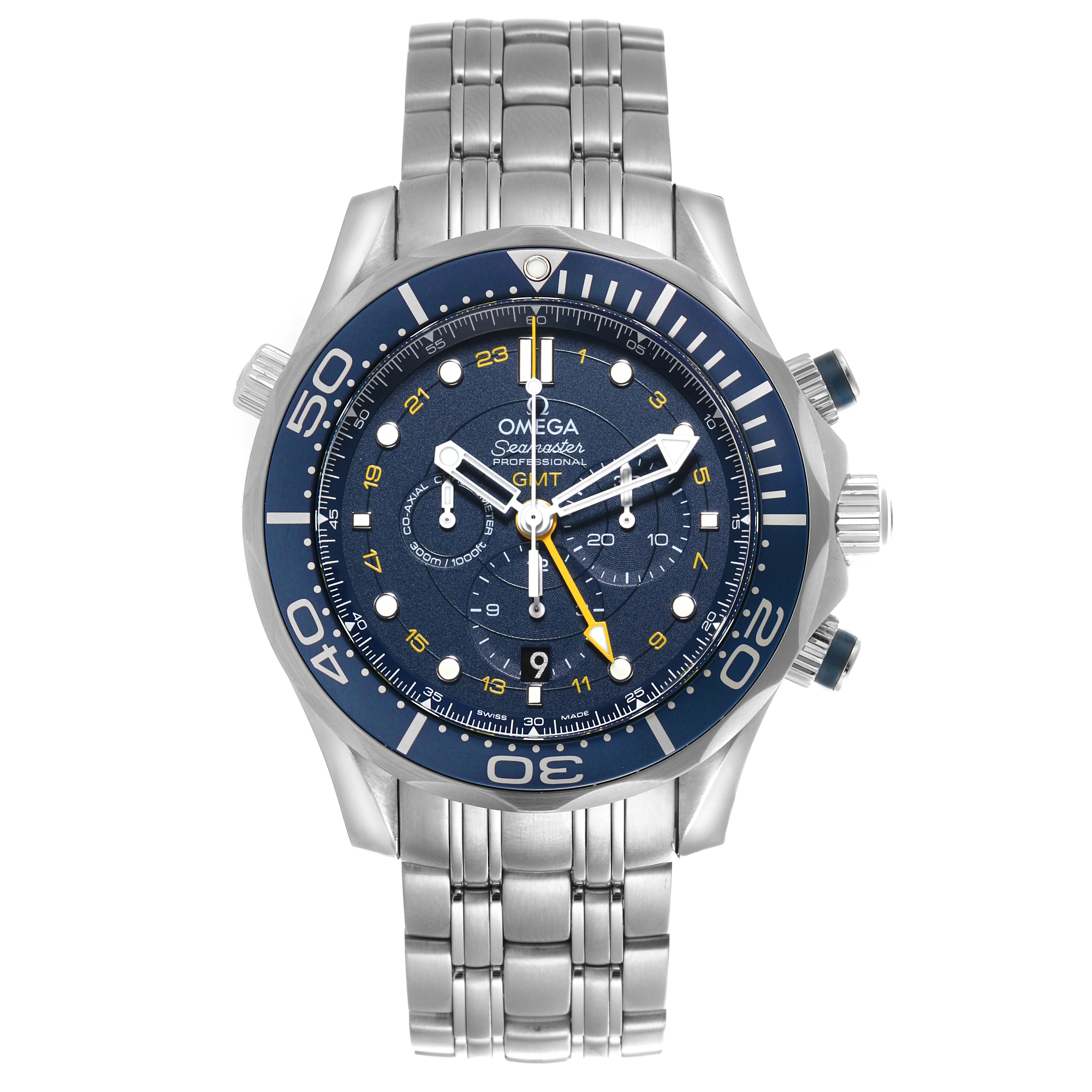 The Omega Seamaster 212.30.44.52.03.001 Men
s Stainless Steel Blue Dial 212.30.44.52.03.001 Men
s Stainless Steel Blue Dial watch is shown from the front, displaying its bezel, dial, hands, and bracelet.