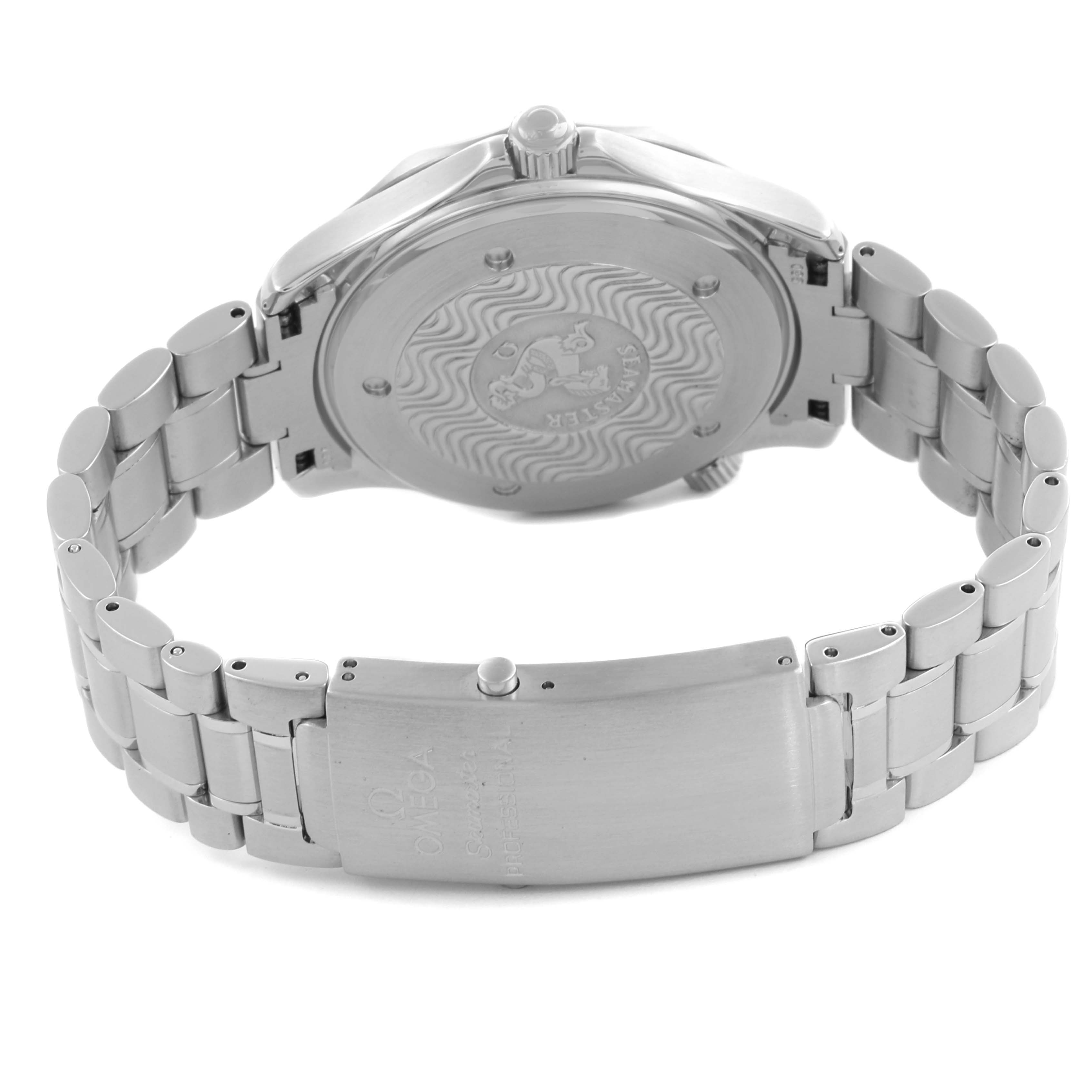 The image shows the back case and clasp of an Omega Seamaster 2230.50.00 Men
s Stainless Steel Black Dial 2230.50.00 Men
s Stainless Steel Black Dial watch at an angled side view.