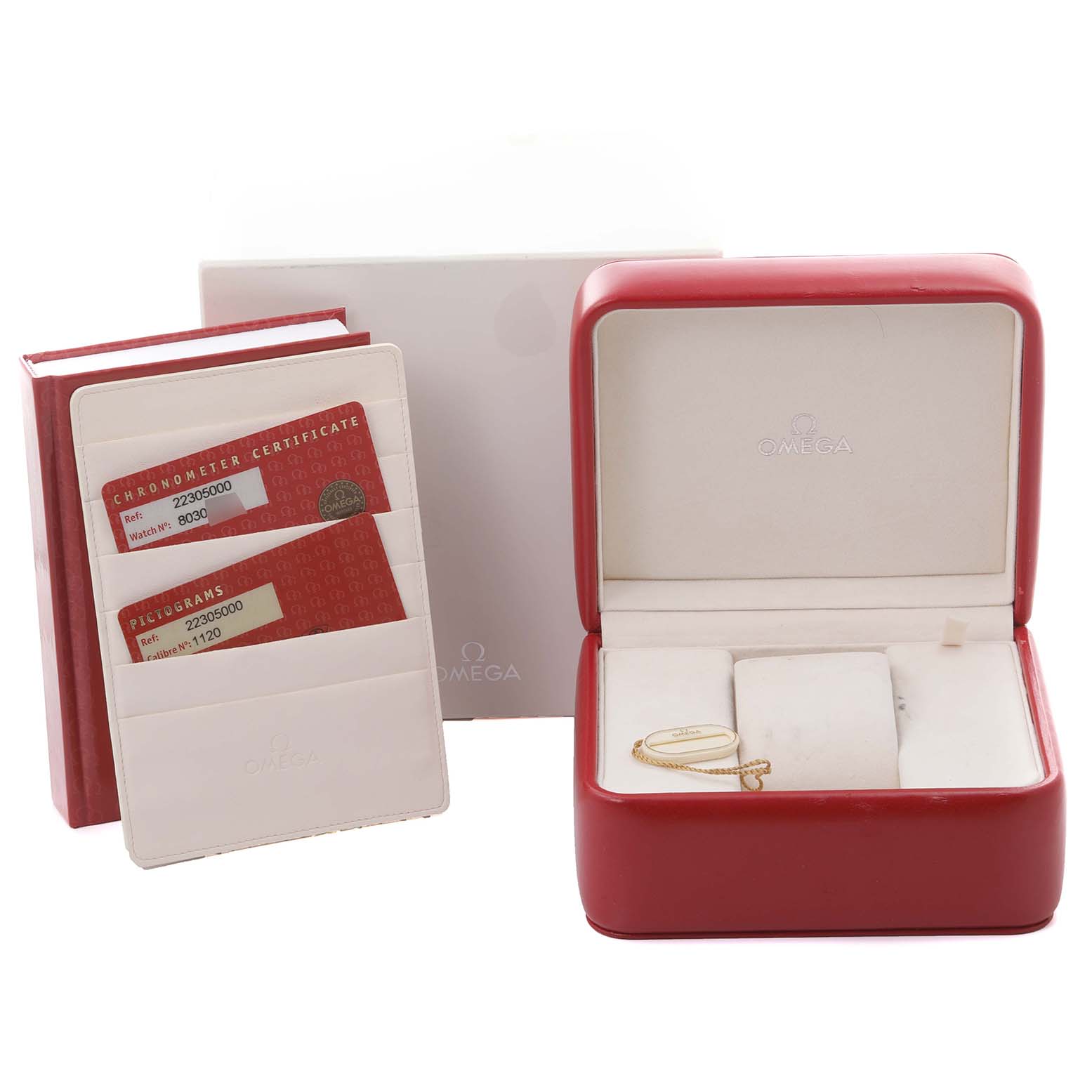 The image shows an Omega Seamaster 2230.50.00 Men
s Stainless Steel Black Dial 2230.50.00 Men
s Stainless Steel Black Dial watch box, warranty cards, a holder, and a booklet from a slightly elevated front angle.