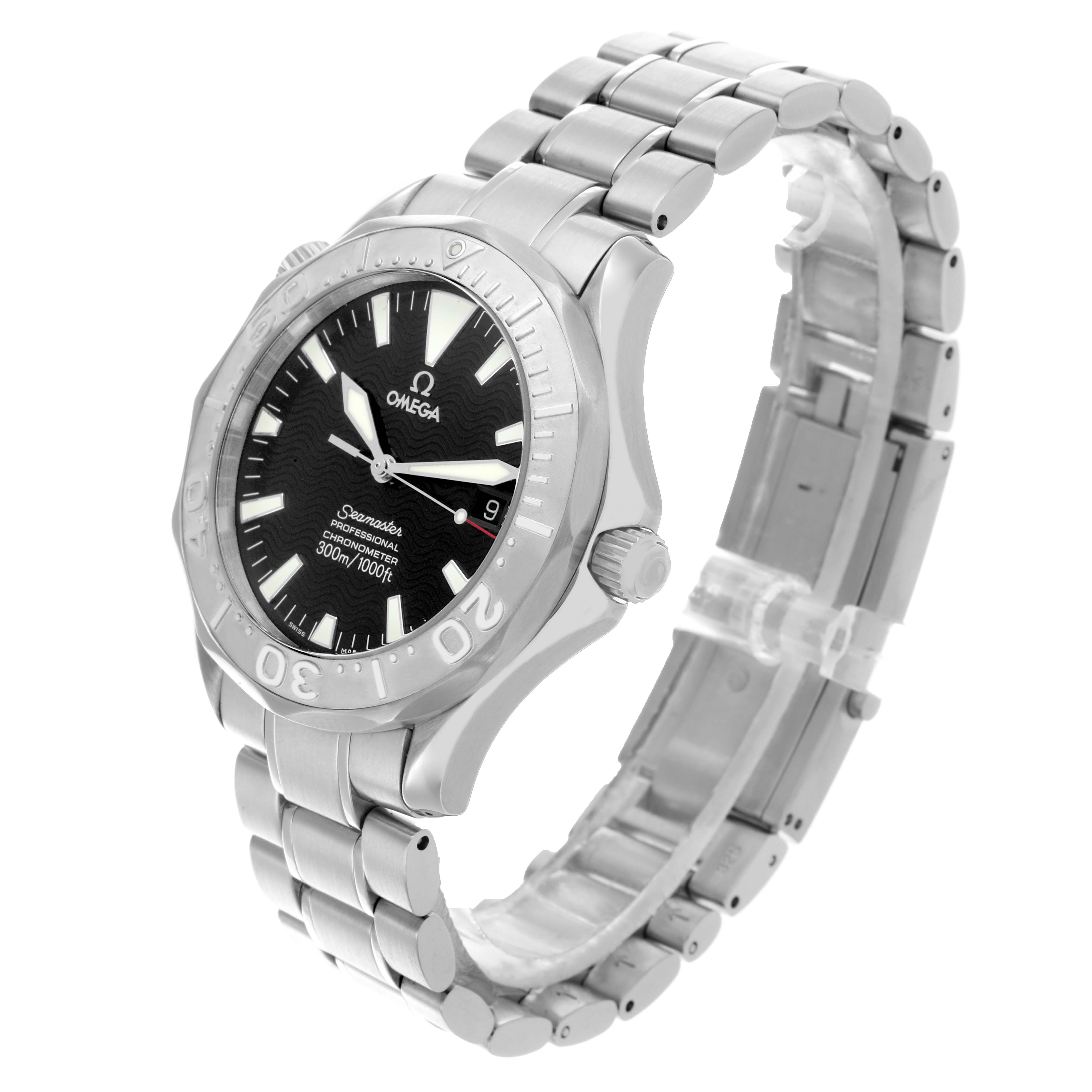 The Omega Seamaster 2230.50.00 Men
s Stainless Steel Black Dial 2230.50.00 Men
s Stainless Steel Black Dial watch is shown at a three-quarter angle, highlighting the bezel, dial, bracelet, and crown.