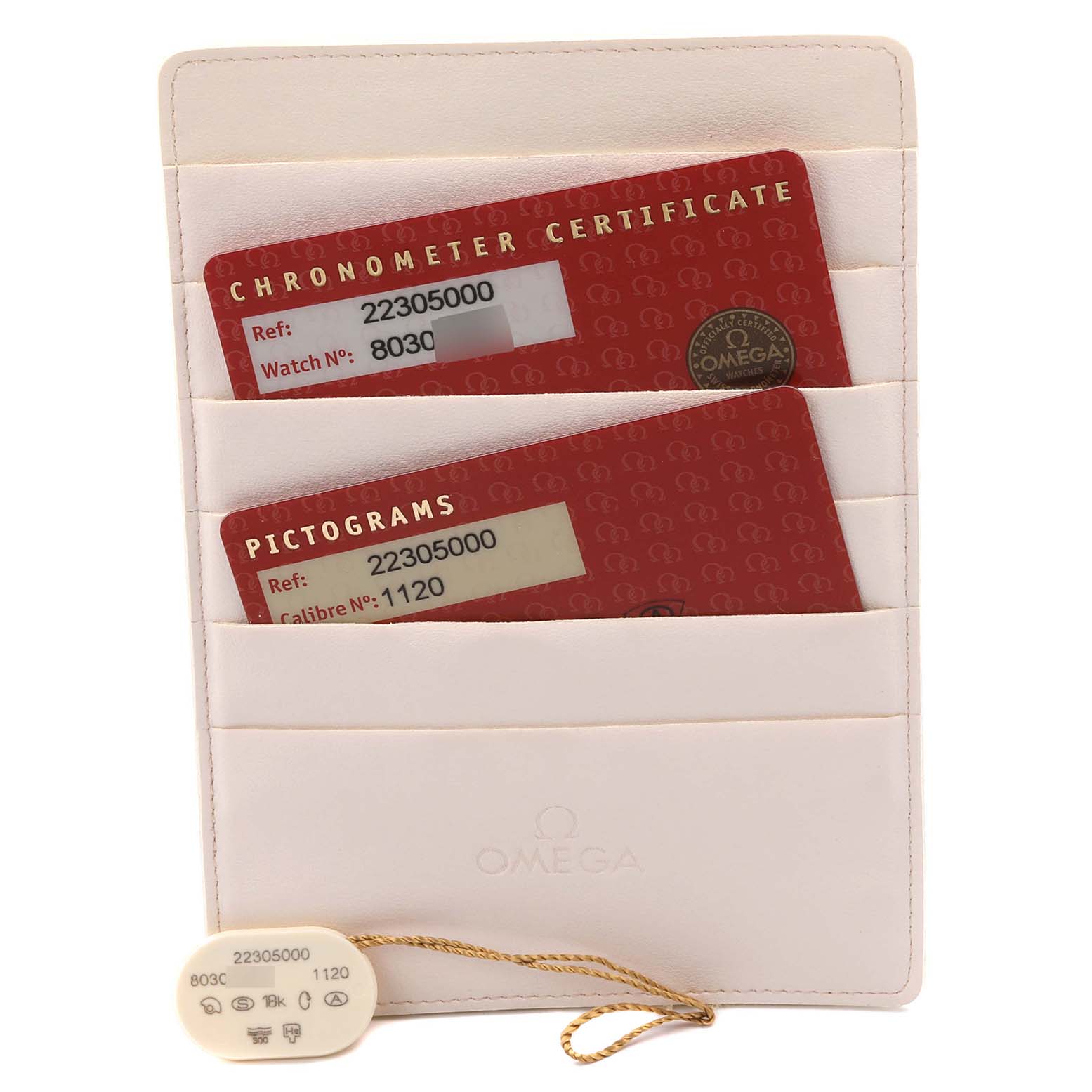 The image shows Omega Seamaster 2230.50.00 Men
s Stainless Steel Black Dial 2230.50.00 Men
s Stainless Steel Black Dial model certification cards and a tag in a beige cardholder.