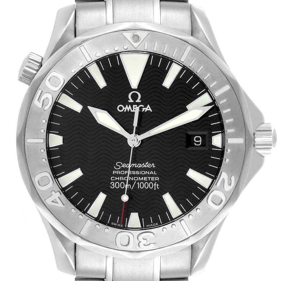 The Omega Seamaster watch is shown from a front view, displaying the face, bezel, and part of the bracelet.