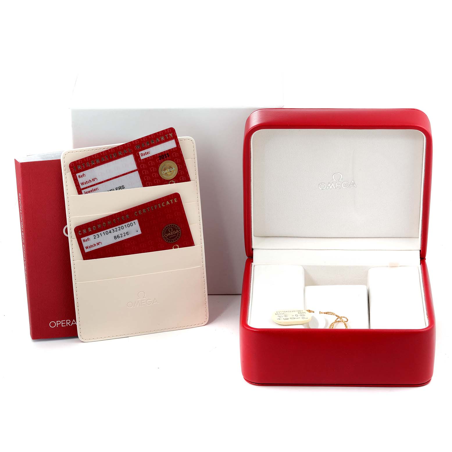 The image shows the Omega Aqua Terra 231.10.43.22.01.001 Men's Stainless Steel Black Dial 231.10.43.22.01.001 Men's Stainless Steel Black Dial packaging, including a red watch box, warranty cards, and a manual.