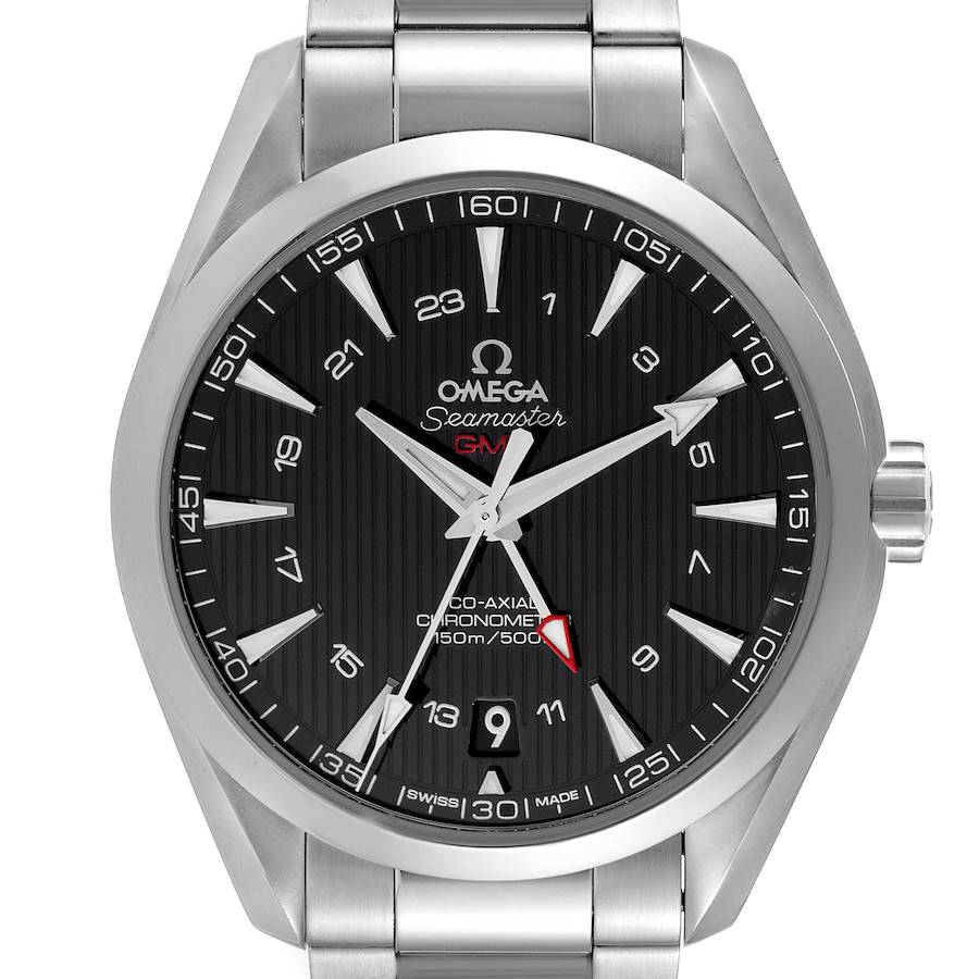 The Omega Aqua Terra watch is shown from the front, displaying its dial, hands, and stainless steel bracelet.