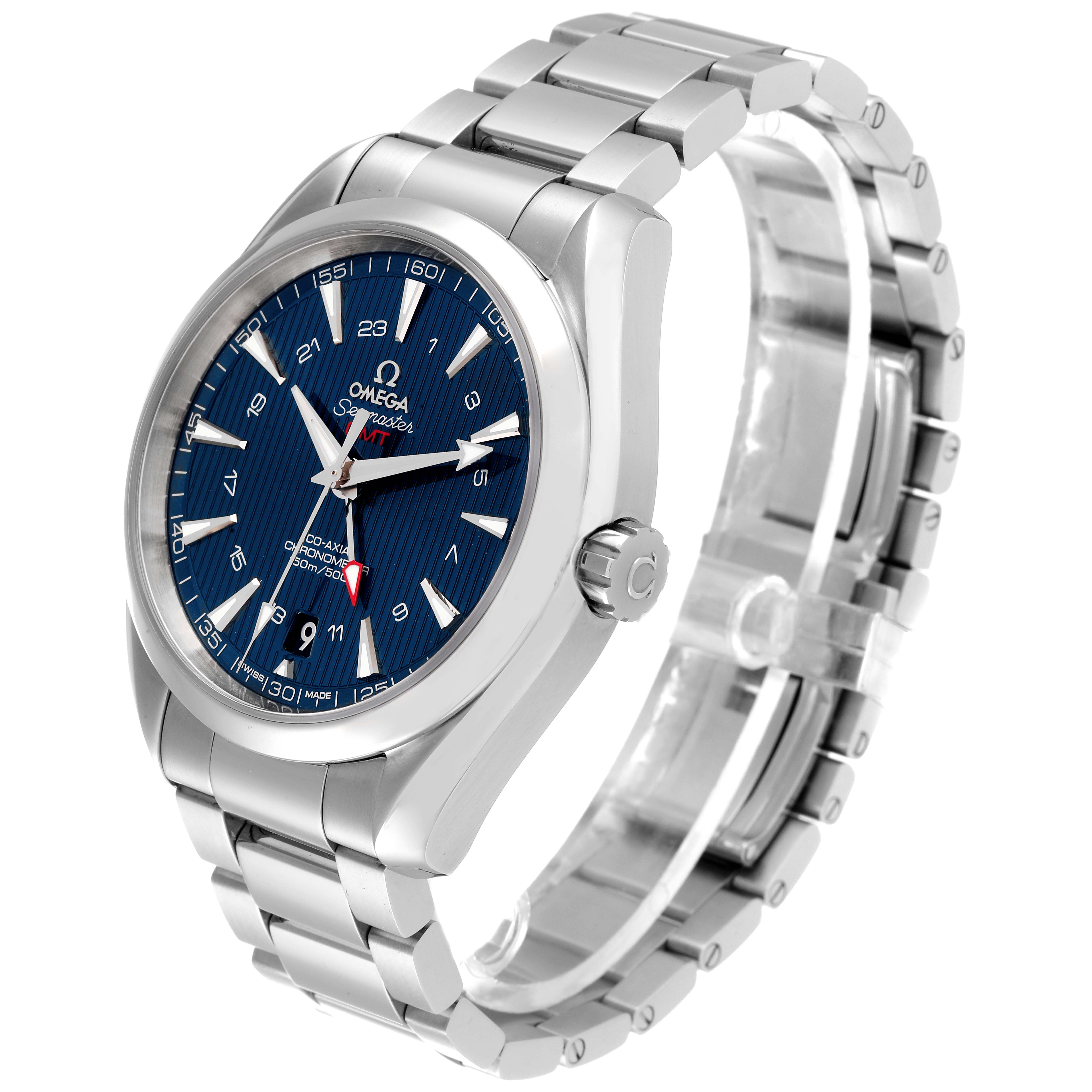 The Omega Aqua Terra 231.10.43.22.03.001 Men
s Stainless Steel Blue Dial 231.10.43.22.03.001 Men
s Stainless Steel Blue Dial watch is shown at a three-quarter angle, highlighting the face, bezel, crown, and metal bracelet.