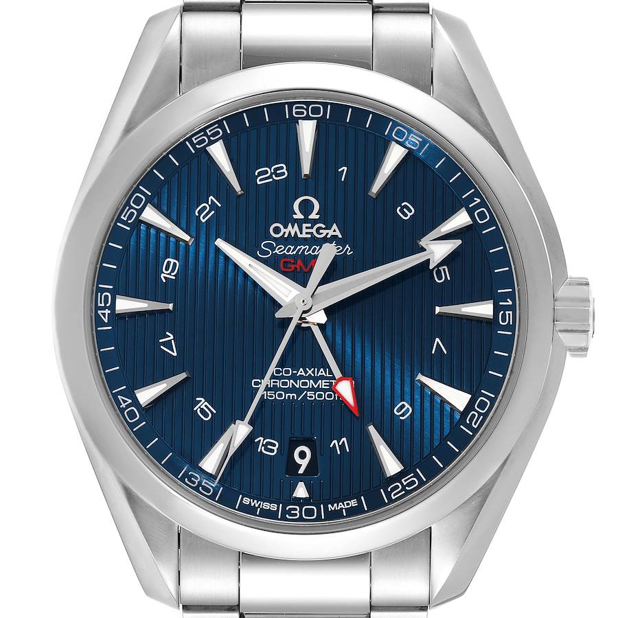 The image shows a front view of the Omega Aqua Terra watch, highlighting its blue dial and stainless steel bracelet.