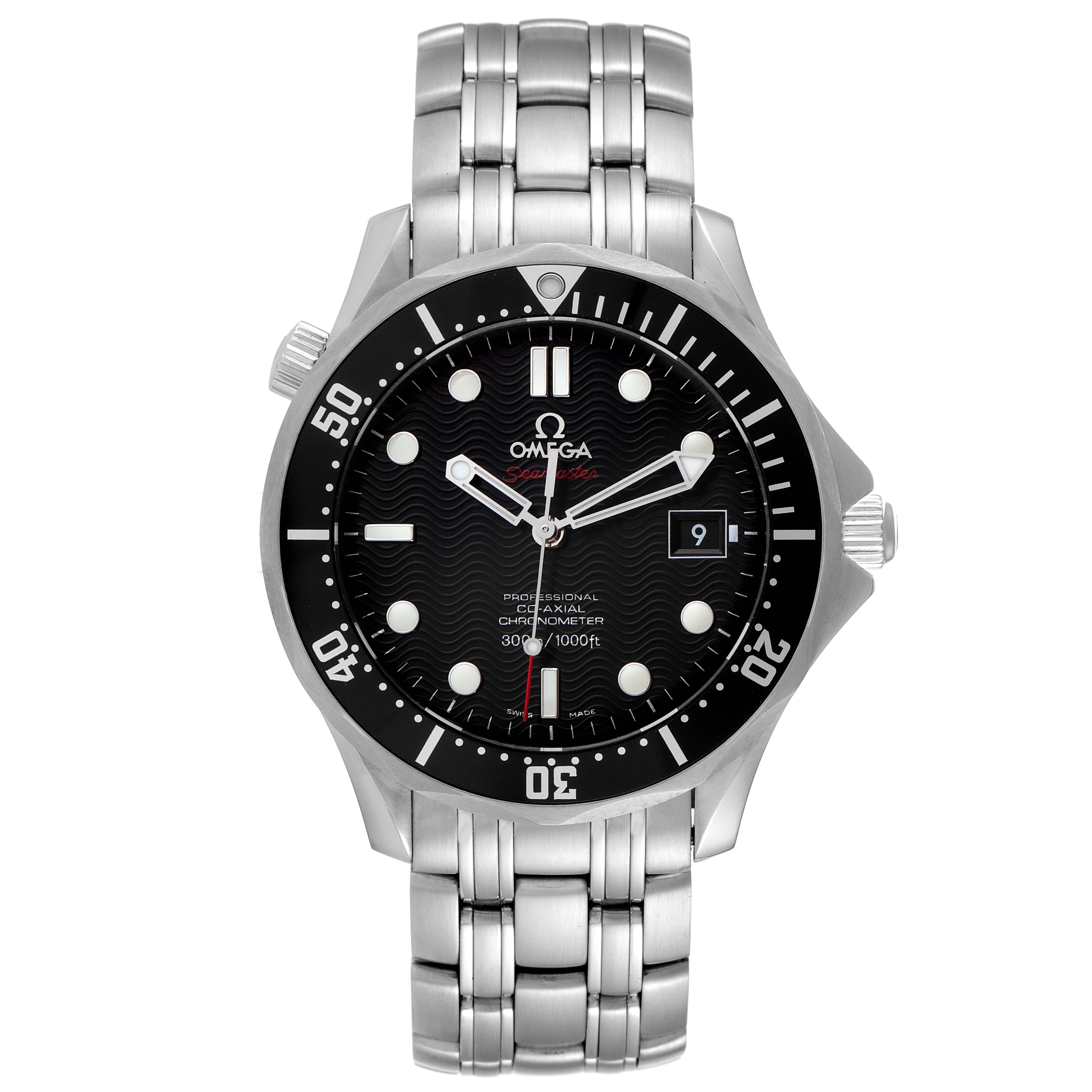 The image shows a front view of the Omega Seamaster 212.30.41.20.01.002 Men's Stainless Steel Black Dial 212.30.41.20.01.002 Men's Stainless Steel Black Dial watch, featuring its dial, hands, bezel, date window, and metal bracelet.