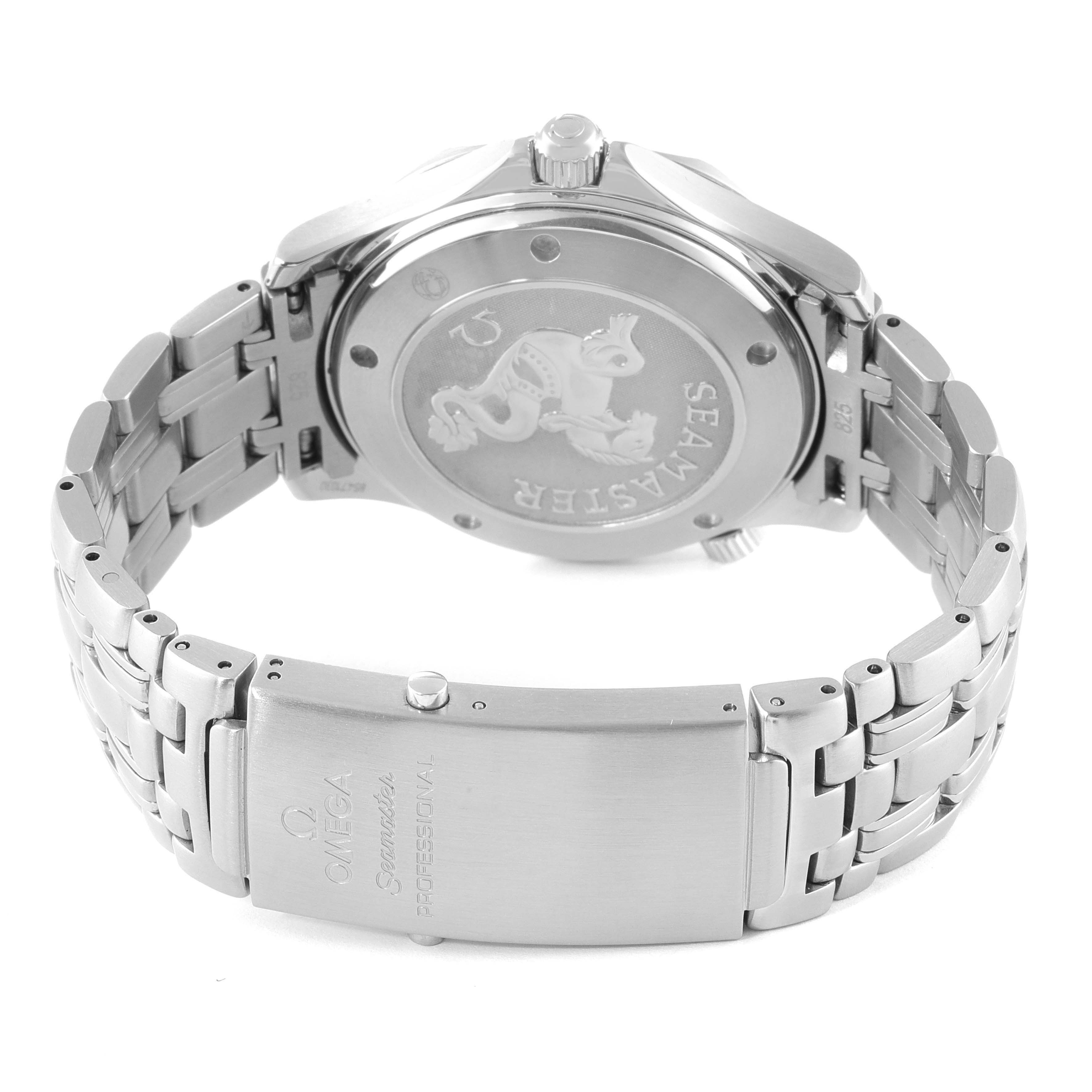 The image shows the back and clasp of an Omega Seamaster 212.30.41.20.01.002 Men's Stainless Steel Black Dial 212.30.41.20.01.002 Men's Stainless Steel Black Dial watch with its bracelet and engraved case back visible.