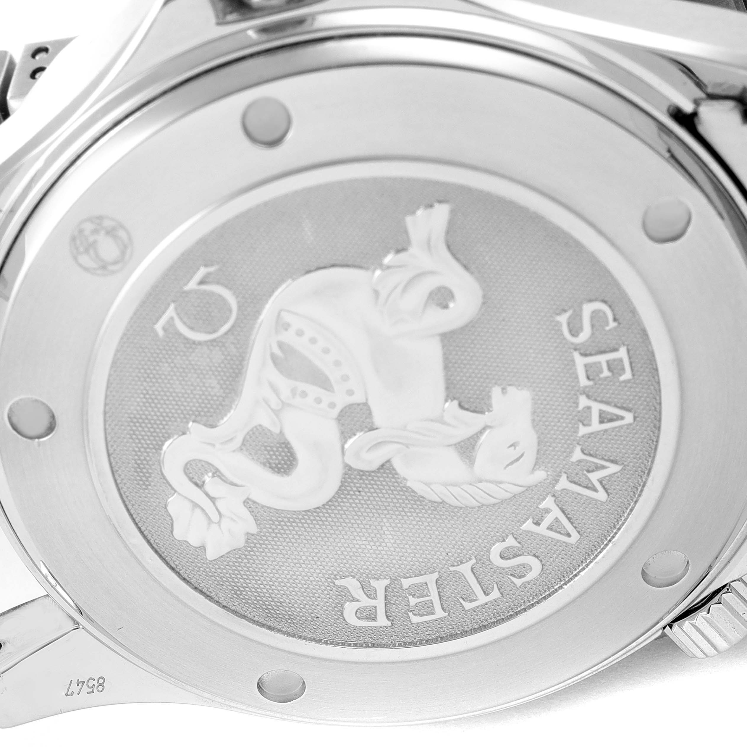 The image shows the backside and caseback engravings of an Omega Seamaster 212.30.41.20.01.002 Men's Stainless Steel Black Dial 212.30.41.20.01.002 Men's Stainless Steel Black Dial watch.