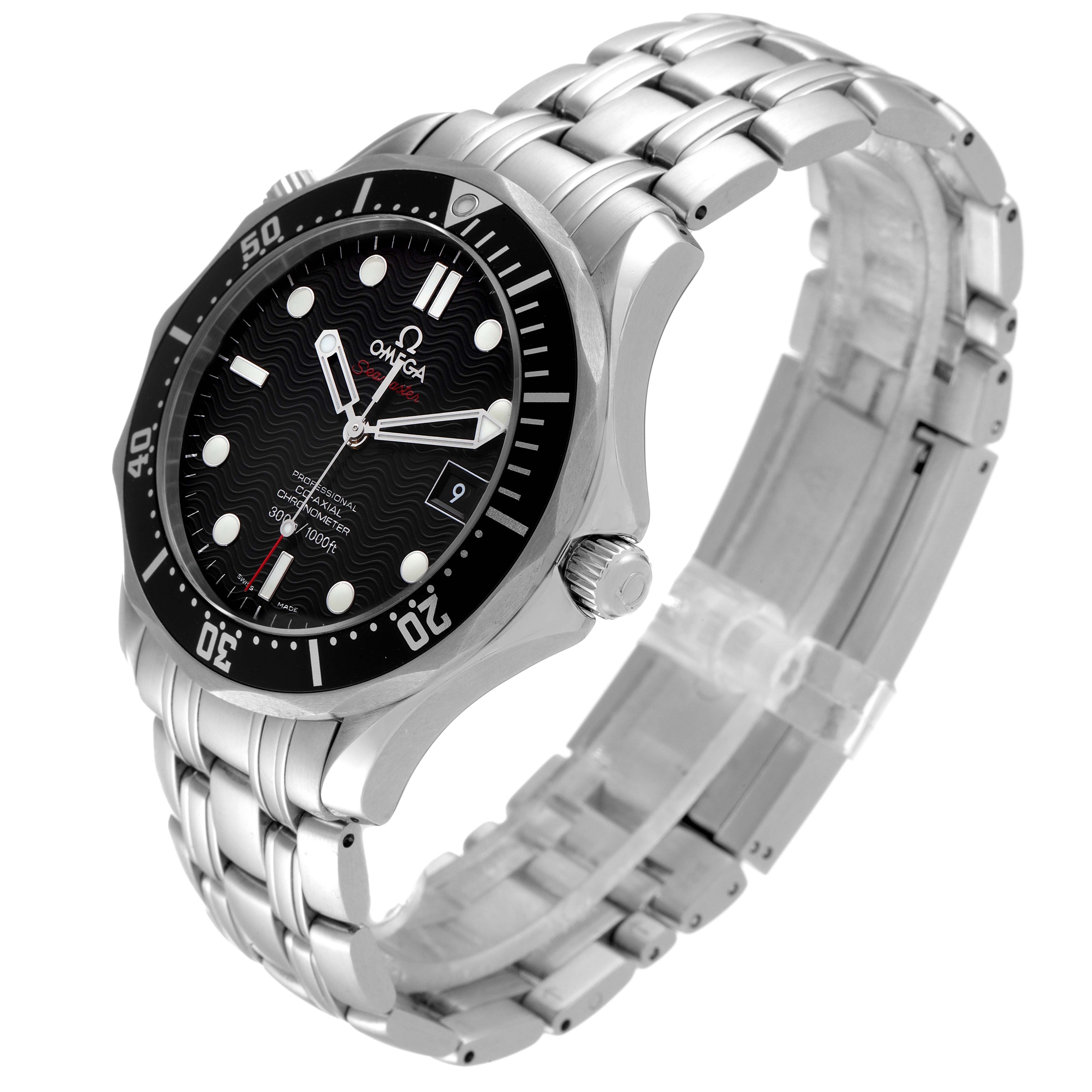 The Omega Seamaster 212.30.41.20.01.002 Men's Stainless Steel Black Dial 212.30.41.20.01.002 Men's Stainless Steel Black Dial watch is shown at an angle highlighting its face, bezel, bracelet, and crown.