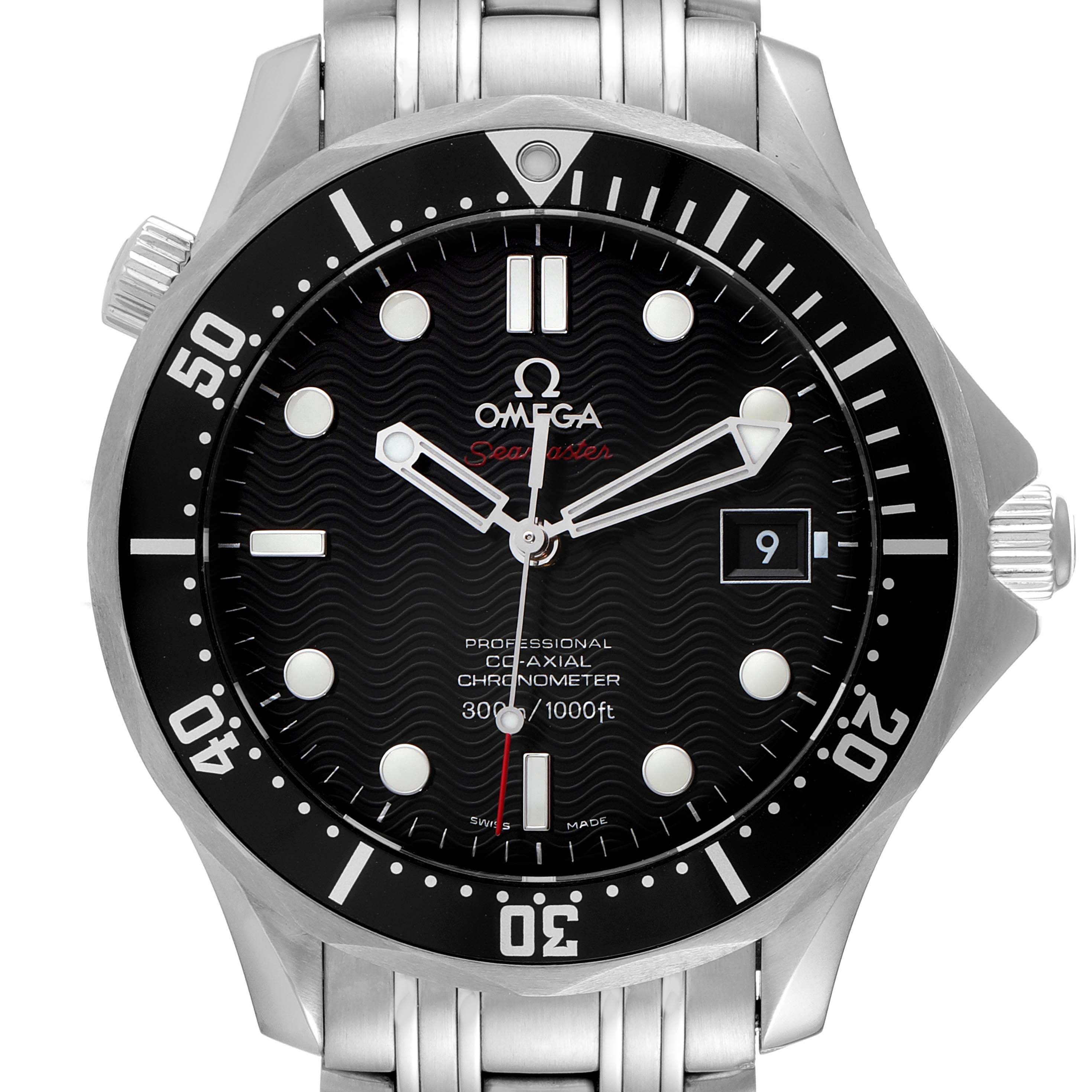 The image shows a front view of the Omega Seamaster 212.30.41.20.01.002 Men's Stainless Steel Black Dial 212.30.41.20.01.002 Men's Stainless Steel Black Dial watch, highlighting its dial, bezel, and part of the bracelet.