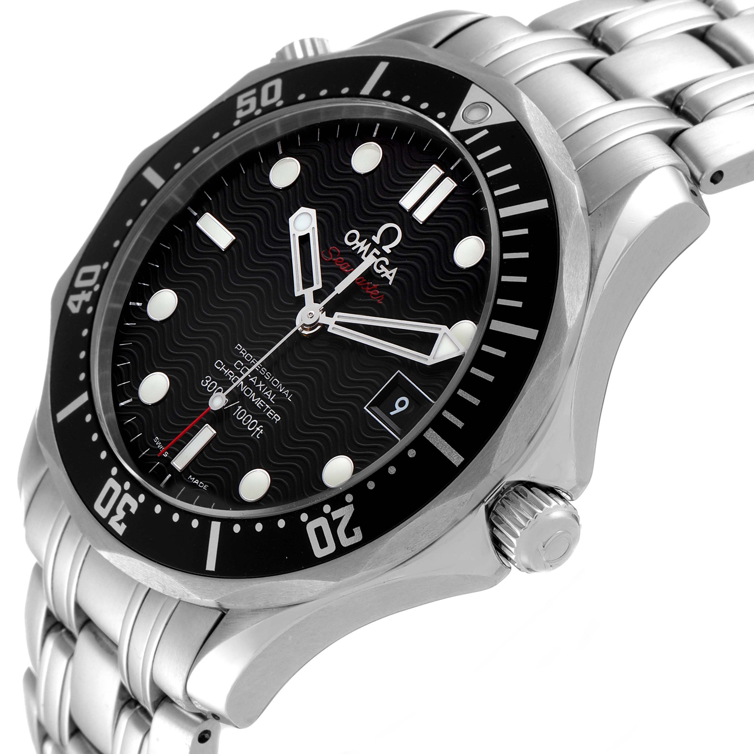 The image shows an angled side view of an Omega Seamaster 212.30.41.20.01.002 Men's Stainless Steel Black Dial 212.30.41.20.01.002 Men's Stainless Steel Black Dial watch, highlighting its face, bezel, crown, and metal bracelet.