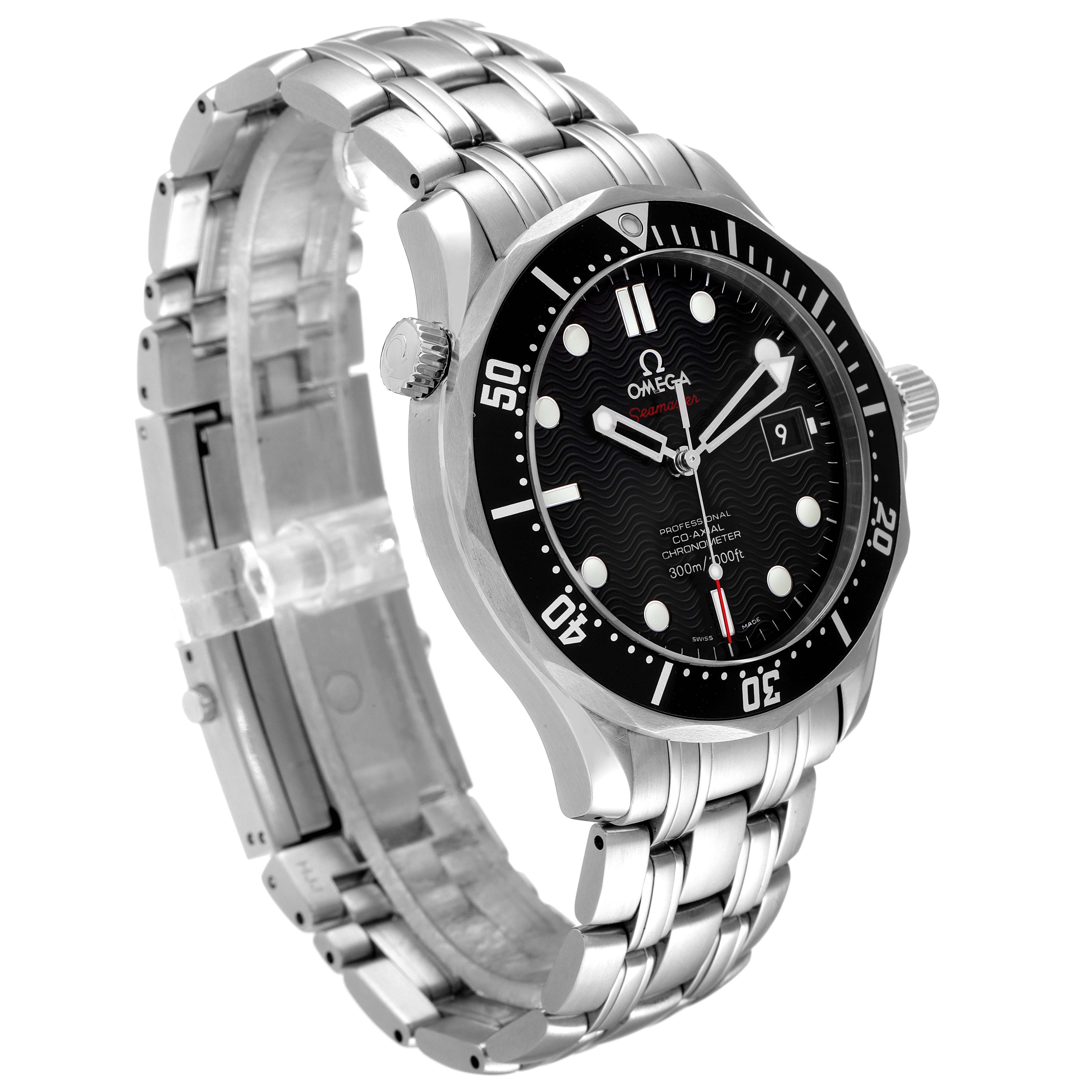 This image shows a side angle of the Omega Seamaster 212.30.41.20.01.002 Men's Stainless Steel Black Dial 212.30.41.20.01.002 Men's Stainless Steel Black Dial watch, highlighting the face, bezel, crown, and stainless steel bracelet.