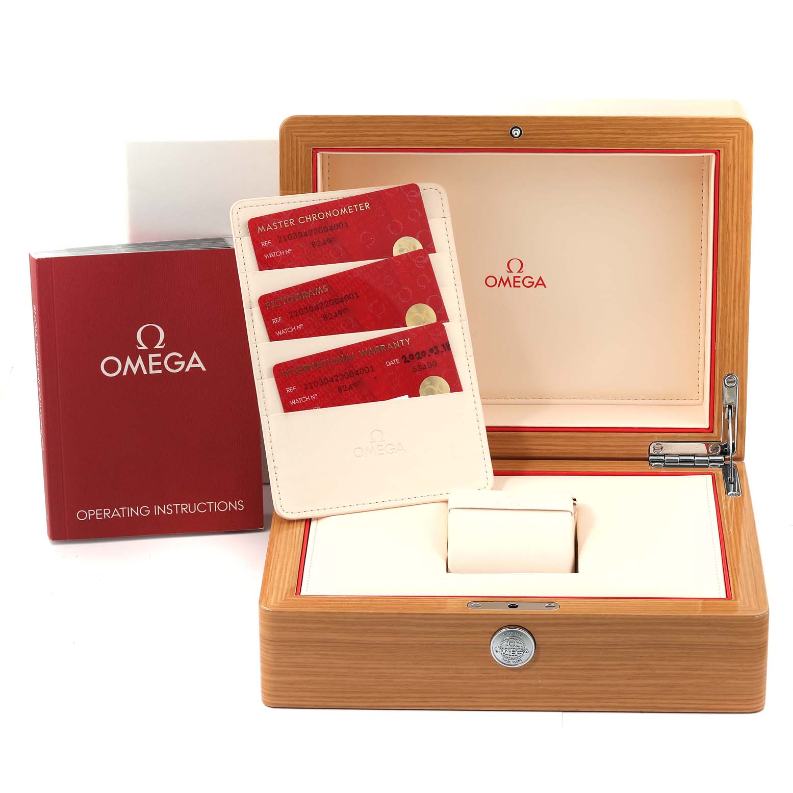 The image shows the packaging, warranty cards, and operating instructions for the Omega Seamaster 210.30.42.20.04.001 Men
s Stainless Steel White Dial 210.30.42.20.04.001 Men
s Stainless Steel White Dial watch.