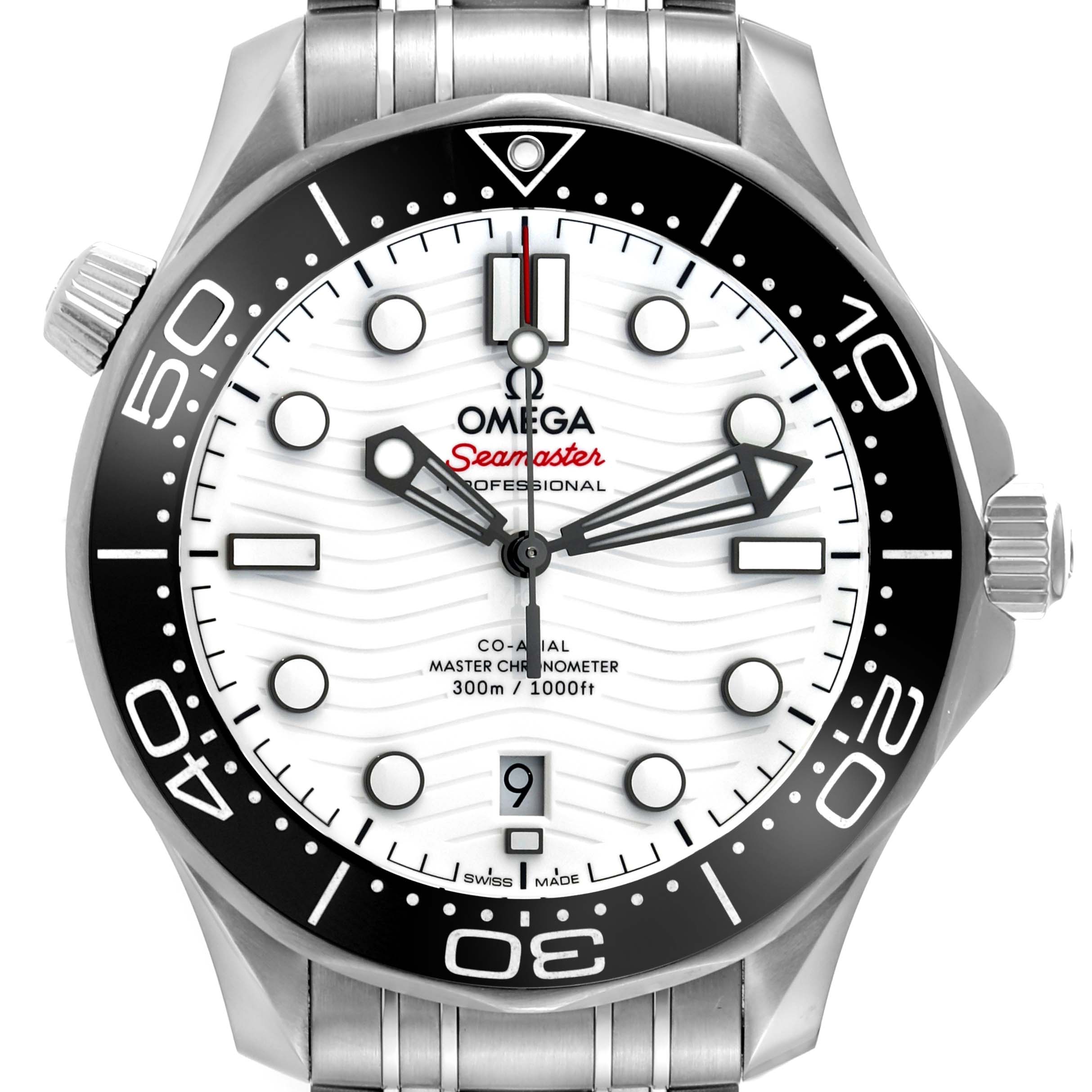 The image shows a front view of the Omega Seamaster 210.30.42.20.04.001 Men
s Stainless Steel White Dial 210.30.42.20.04.001 Men
s Stainless Steel White Dial Professional watch, highlighting its dial, bezel, and stainless steel bracelet.