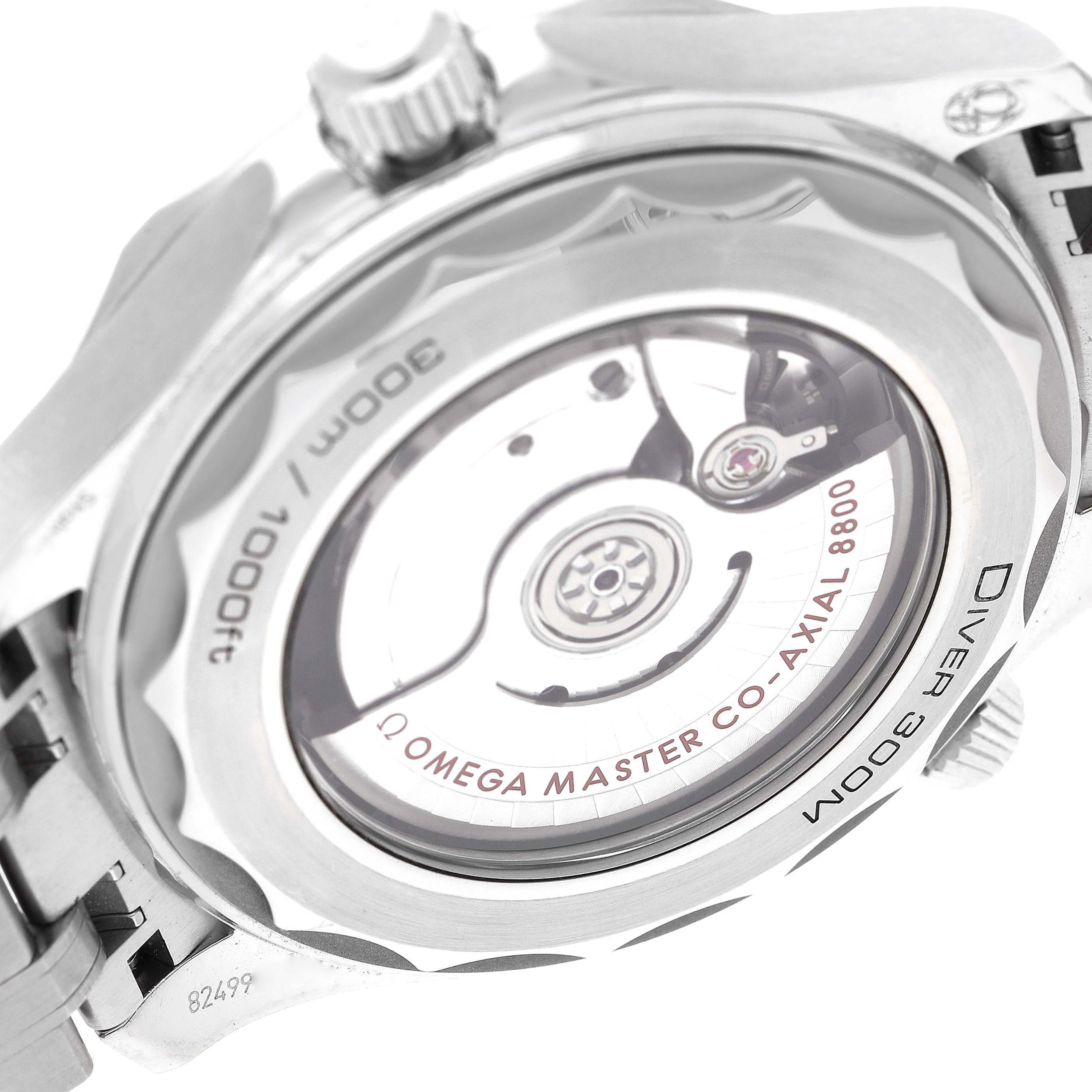 The image shows a close-up of the Omega Seamaster 210.30.42.20.04.001 Men
s Stainless Steel White Dial 210.30.42.20.04.001 Men
s Stainless Steel White Dial watch
s transparent case back, revealing the OMEGA Master Co-Axial 8800 movement.