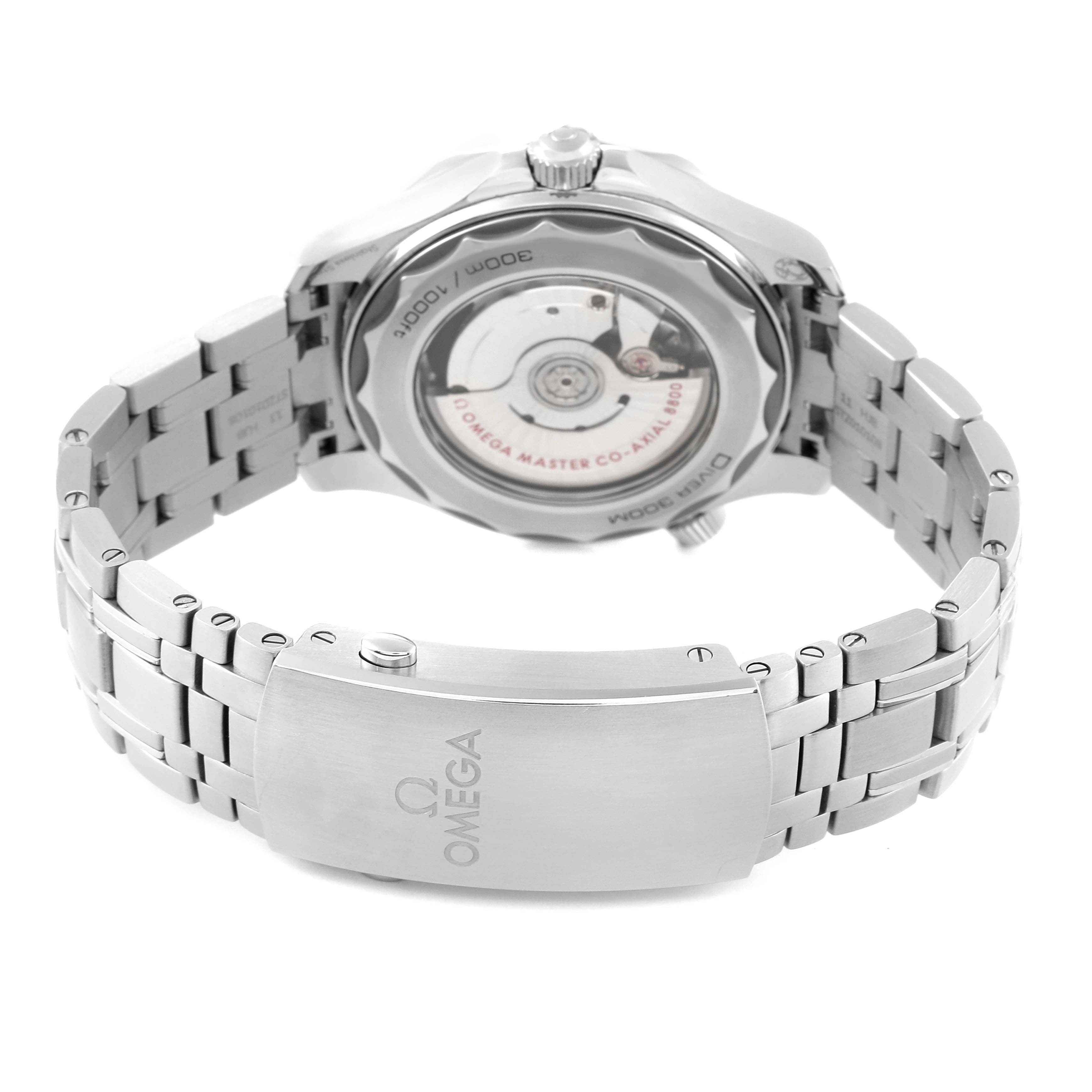 The image shows the back and bracelet of an Omega Seamaster 210.30.42.20.04.001 Men
s Stainless Steel White Dial 210.30.42.20.04.001 Men
s Stainless Steel White Dial watch, highlighting the caseback and clasp.