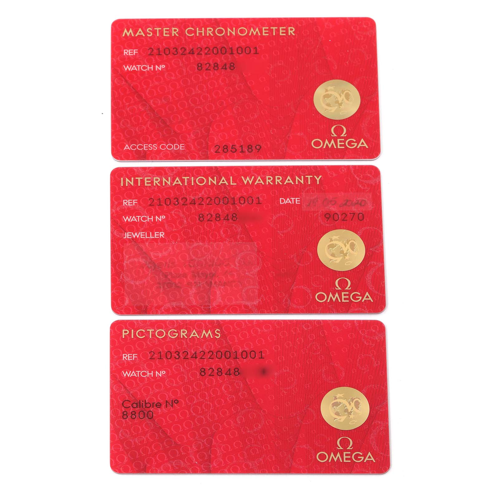 The image shows three Omega Seamaster 210.32.42.20.01.001 Men's Stainless Steel Black Dial 210.32.42.20.01.001 Men's Stainless Steel Black Dial model cards: Master Chronometer, International Warranty, and Pictograms.